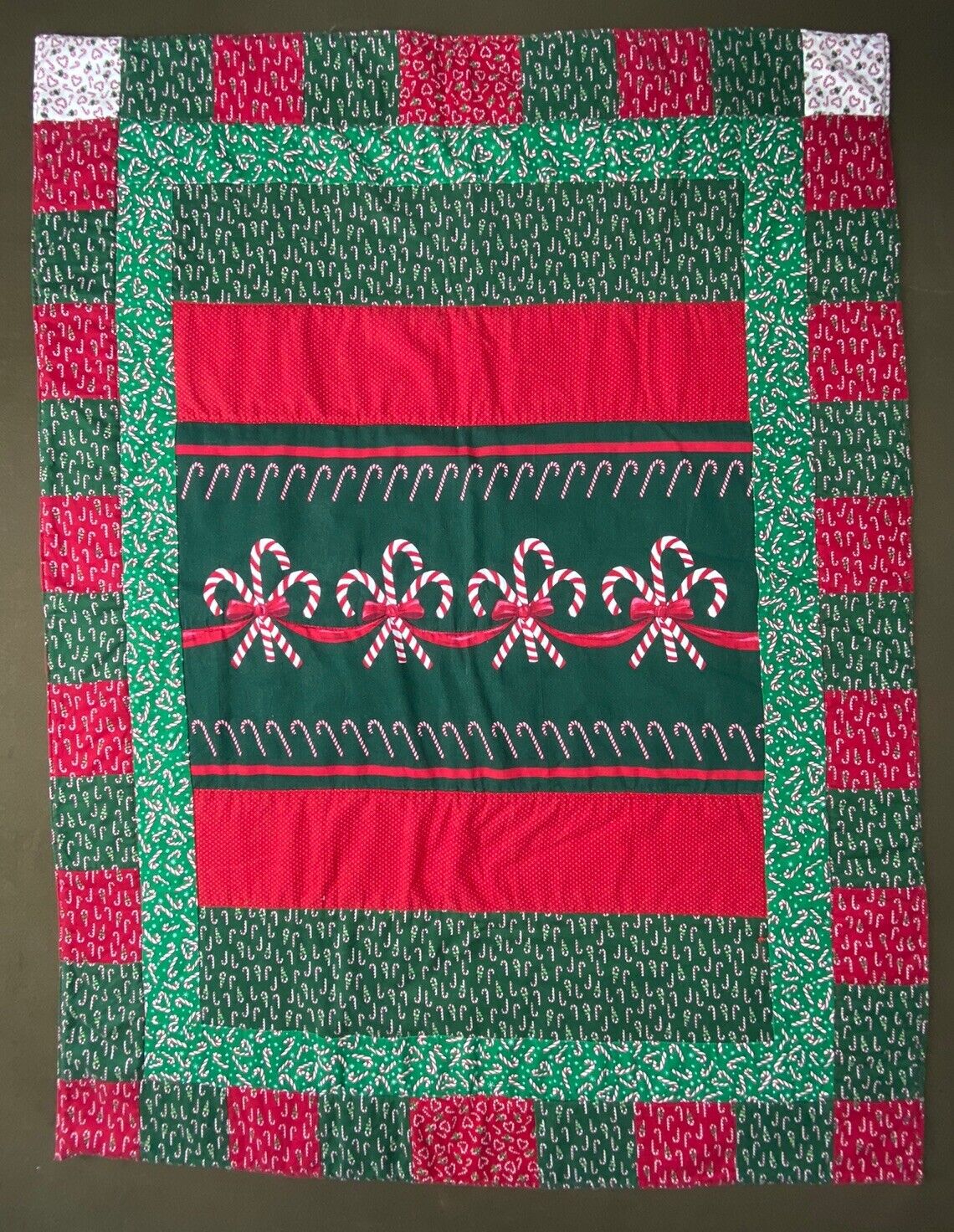 Vintage Blanket Throw Christmas Candy Canes Bears Handmade Red Green 28”x37”
