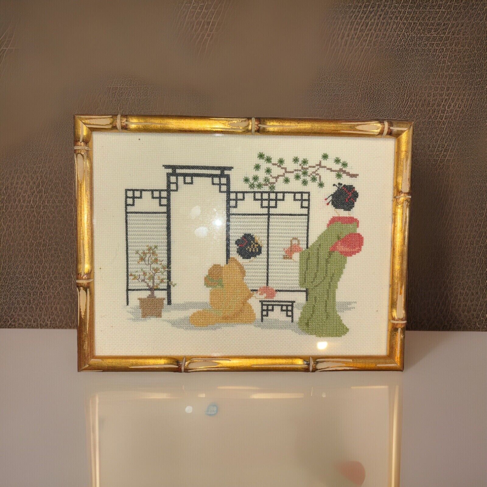 Rare Original Vintage Oriental Asian Hand Embroidery Custom Framed      10”x13”