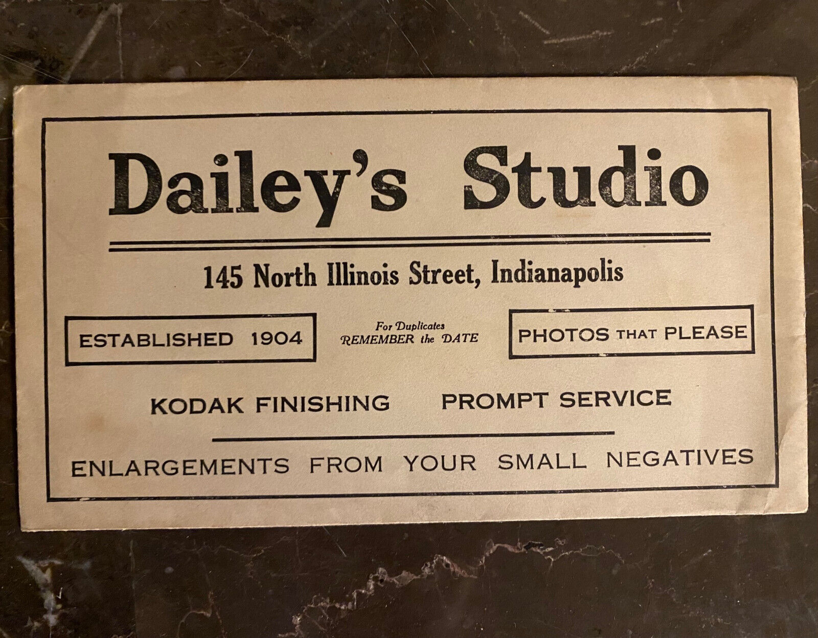 Vintage DAILEY'S STUDIO Advertising Envelope Indianapolis IN Photo KODAK Film
