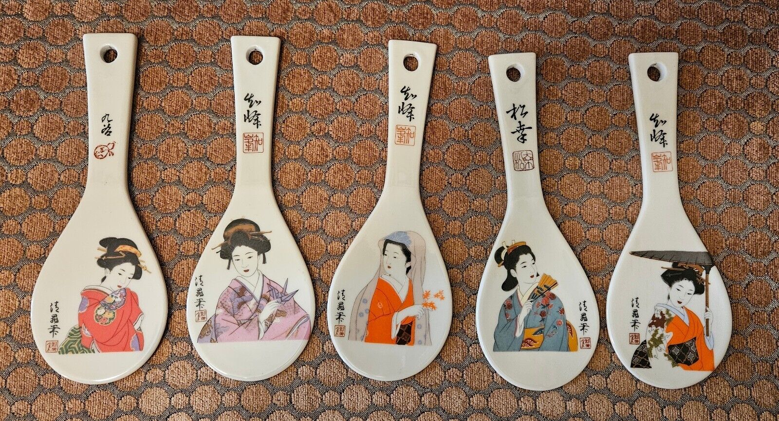 5 Flat Rice Paddle Spoons With Different Geisha Girl Painted, Ceramic