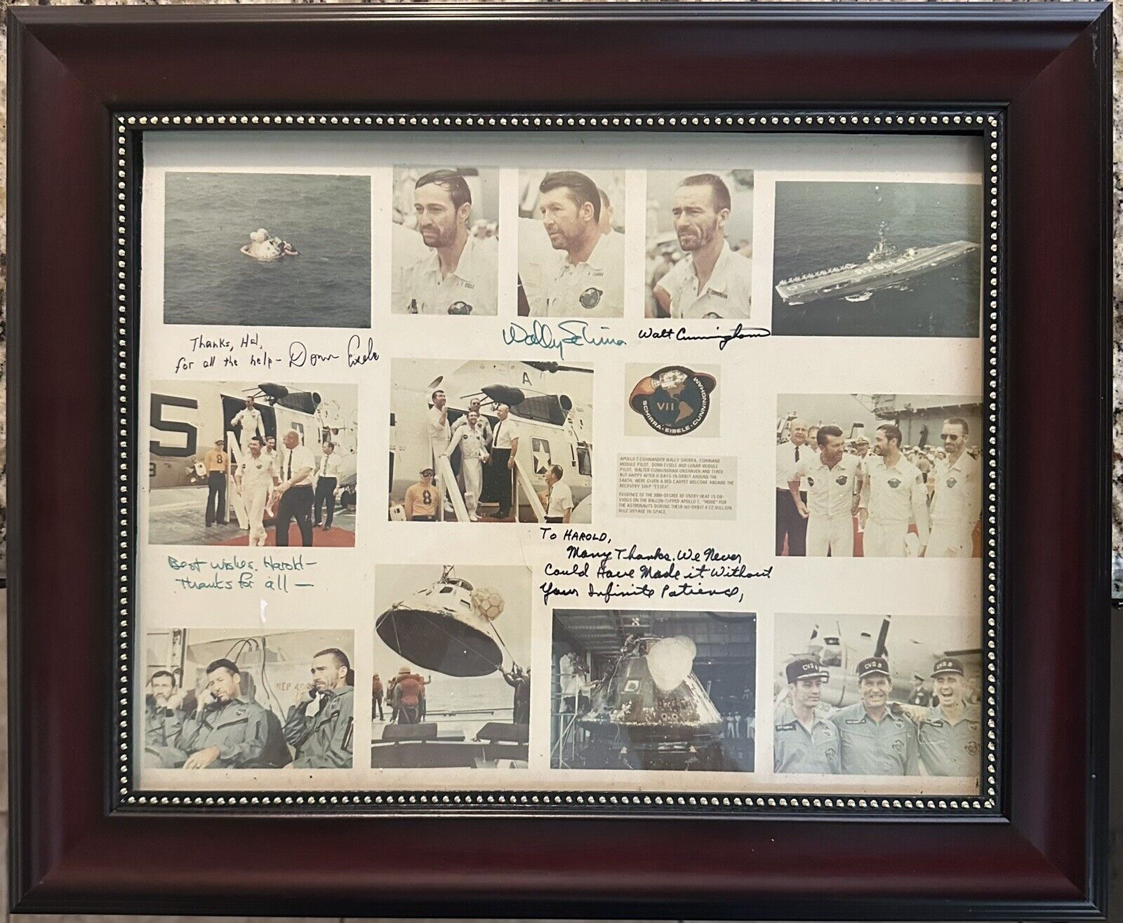 Framed Apollo 7 Photo Collage Of Crew Return On Recovery Ship Essex. Crew Signed