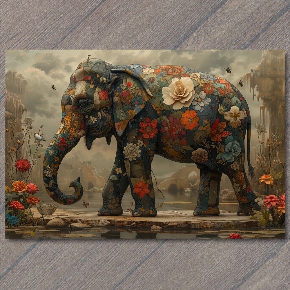 POSTCARD Elephant Bright Vibrant Colorful Quilted Painted Beautiful Flower Tusk