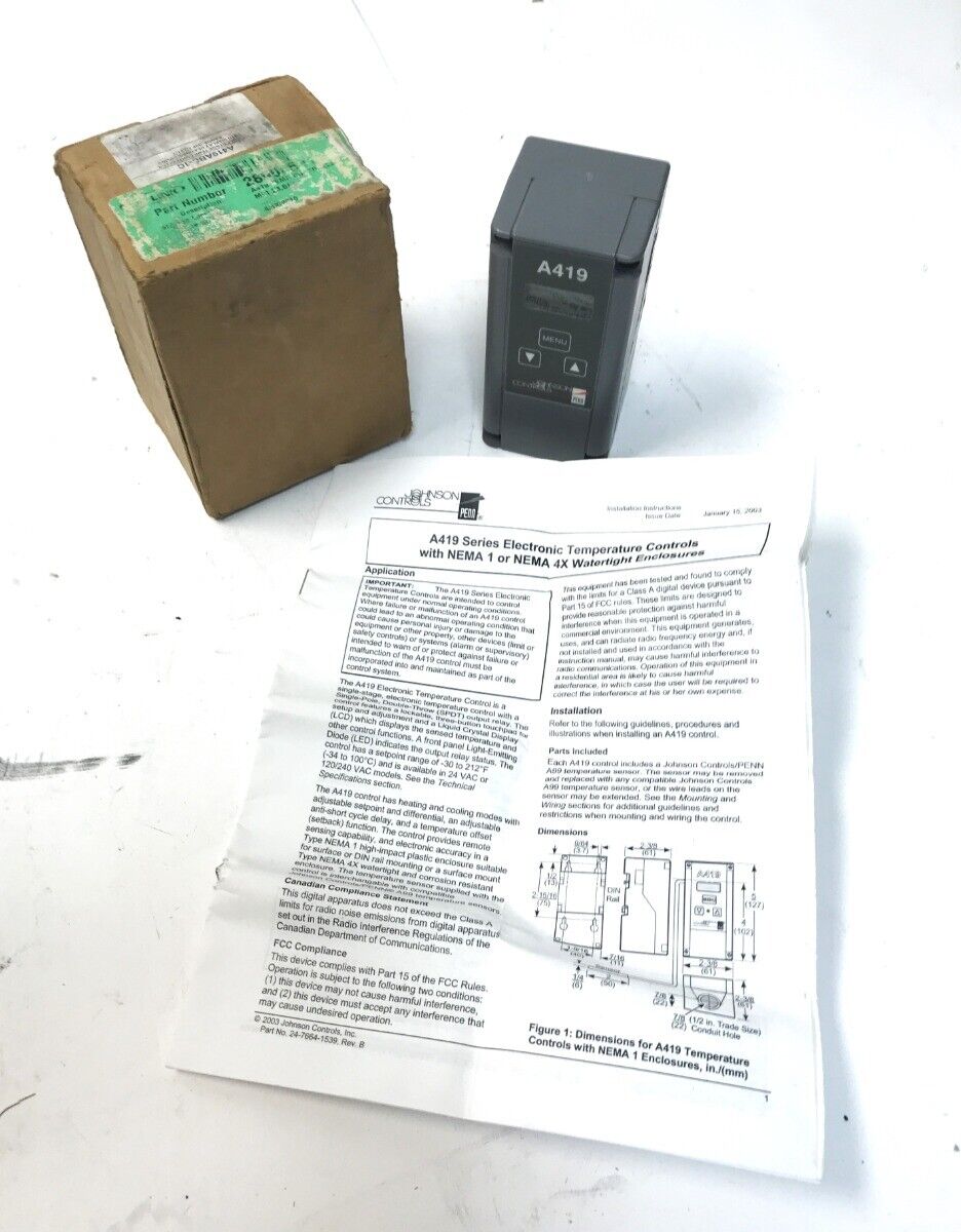 Johnson Controls A419 Temperature Controller (Without Probe) New Open Box