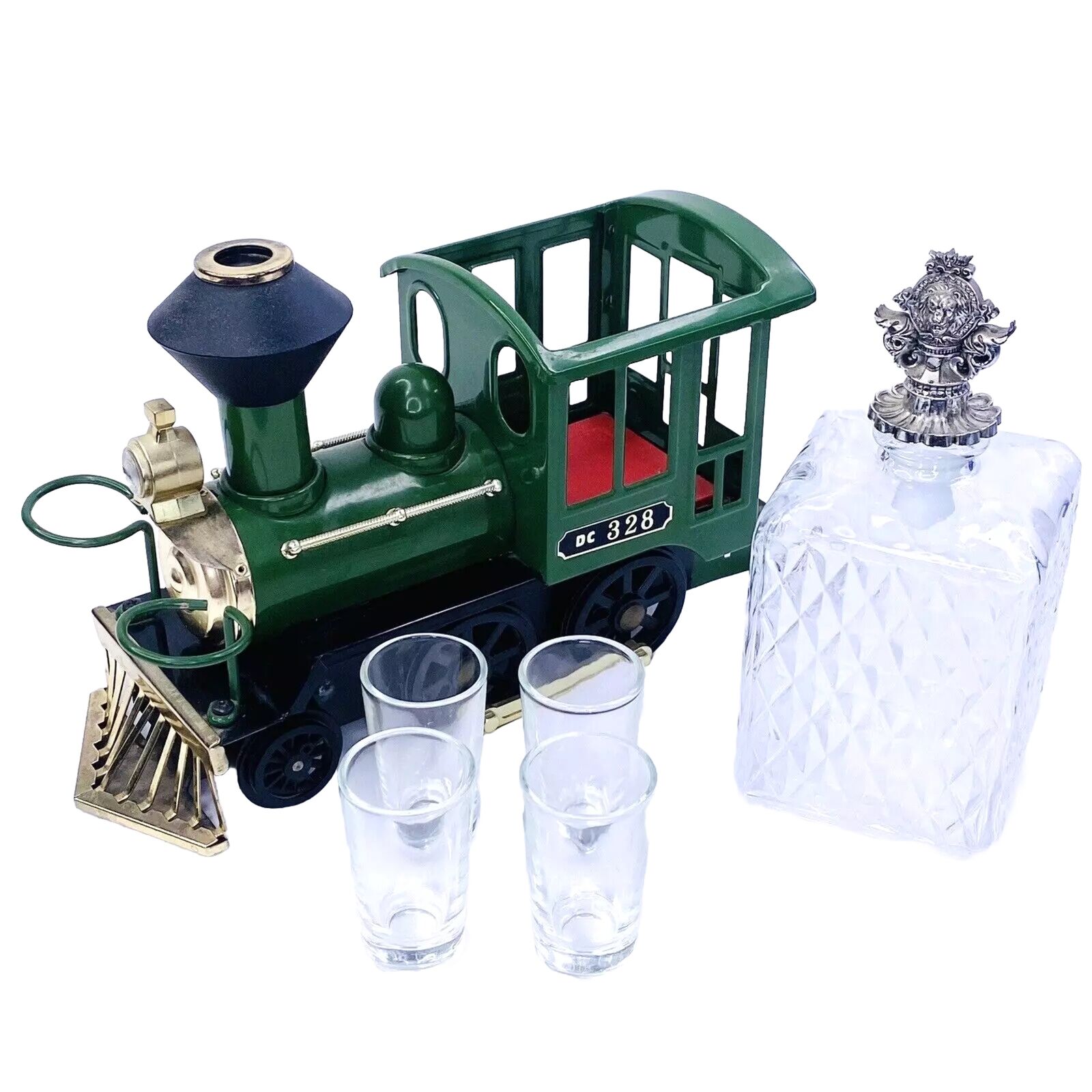 Vintage DC328 Green Train Locomotive Music Box Decanter With 4 Glasses