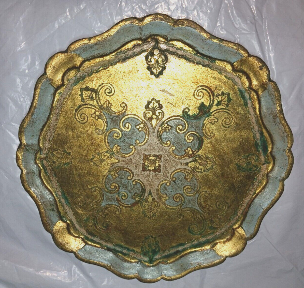Vntg Florentia Italy Wood Hand Carved Tray Round Scalloped Gold Teal w/ Pantina