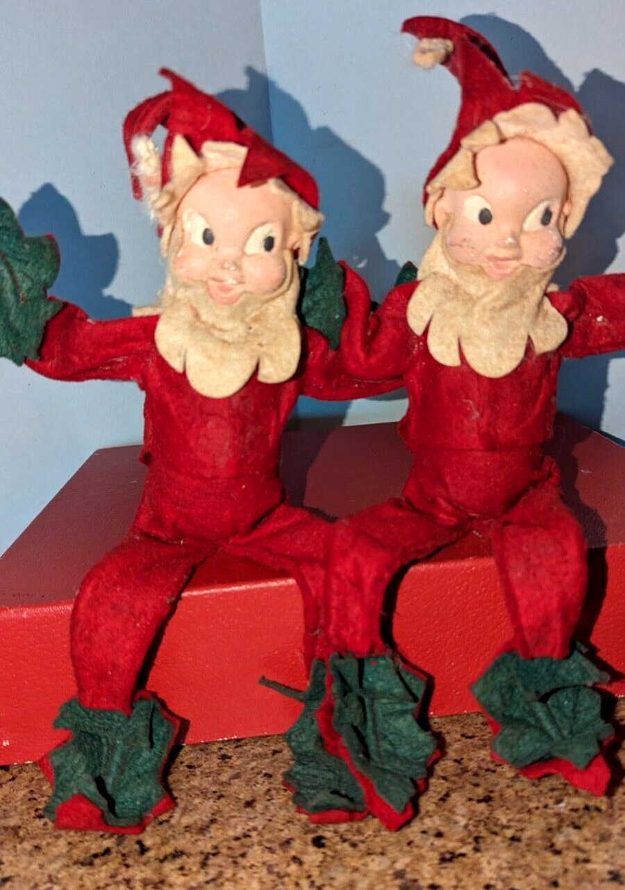 Vtg 40\'s Chalkware Santa Claus Christmas pixie Elf set of 2 poseable felt As Is
