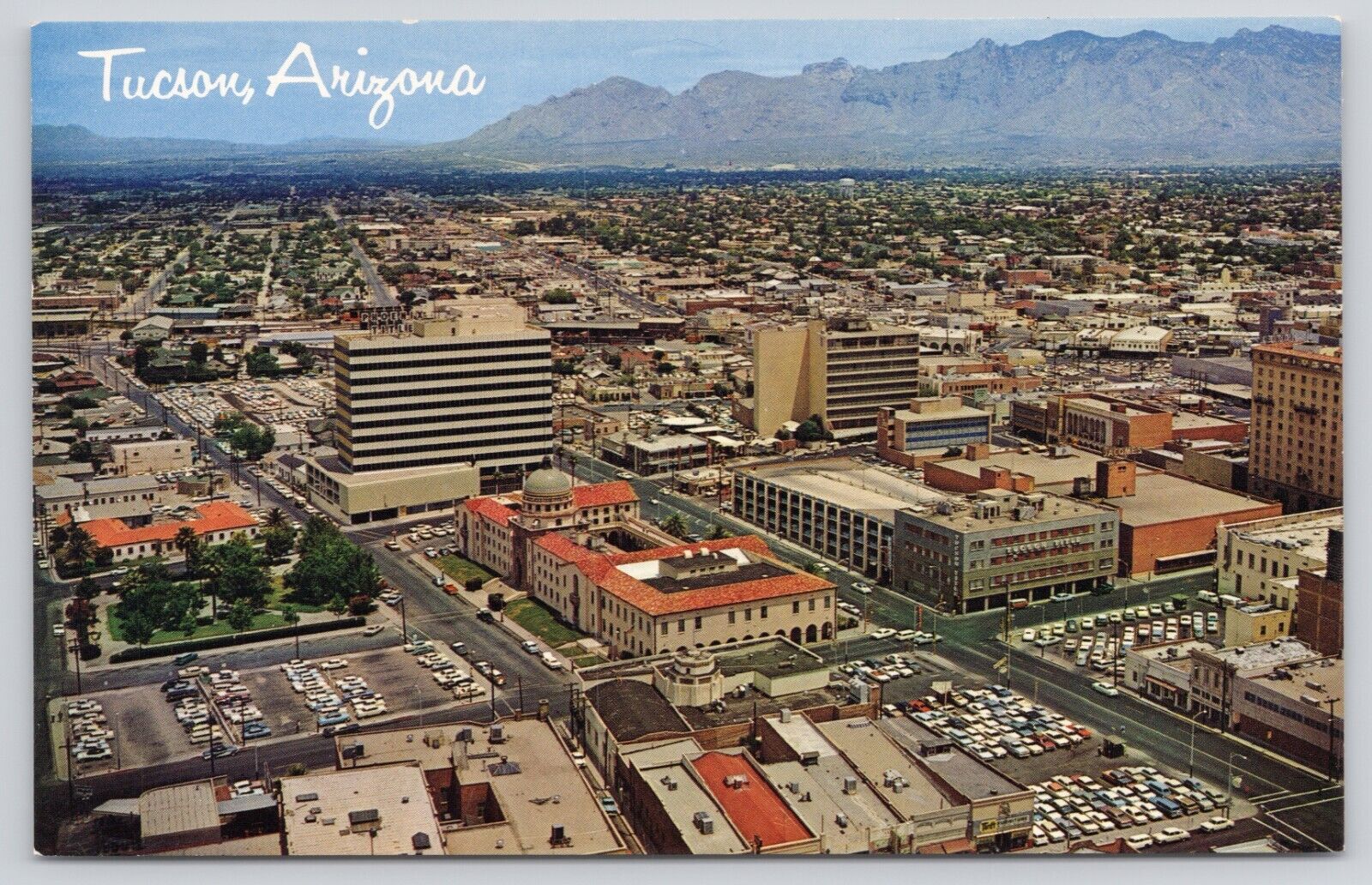 Downtown Tucson Arizona AZ Santa Catalina Mountains Aerial View Vintage Postcard