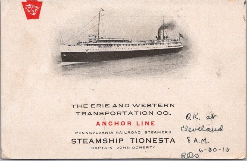 1913 ERIE & WESTERN TRANSPORTATION CO. Great Lakes Postcard \