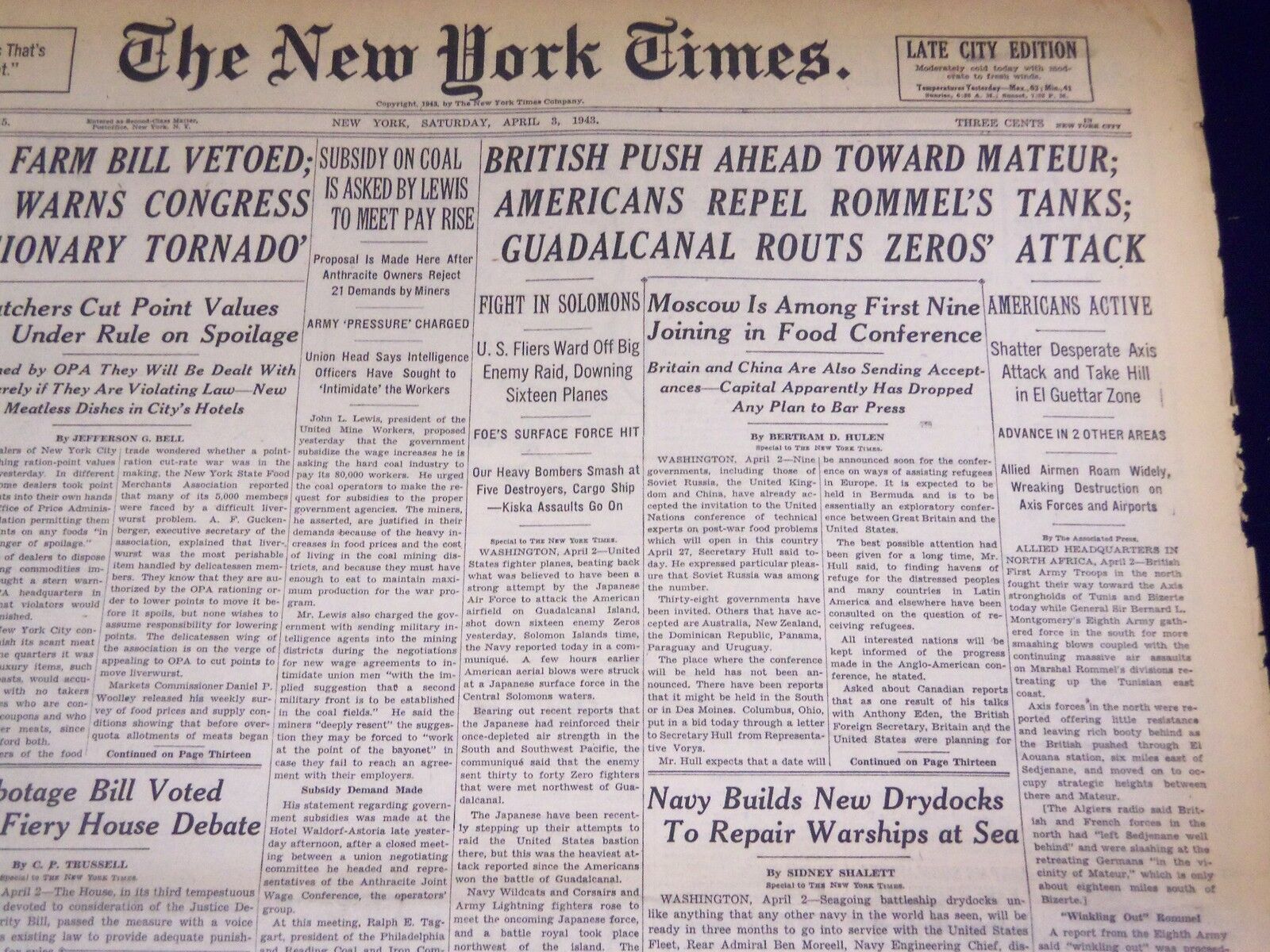1943 APRIL 3 NEW YORK TIMES - GUADALCANAL ROUTS ZEROS\' ATTACKS - NT 1744