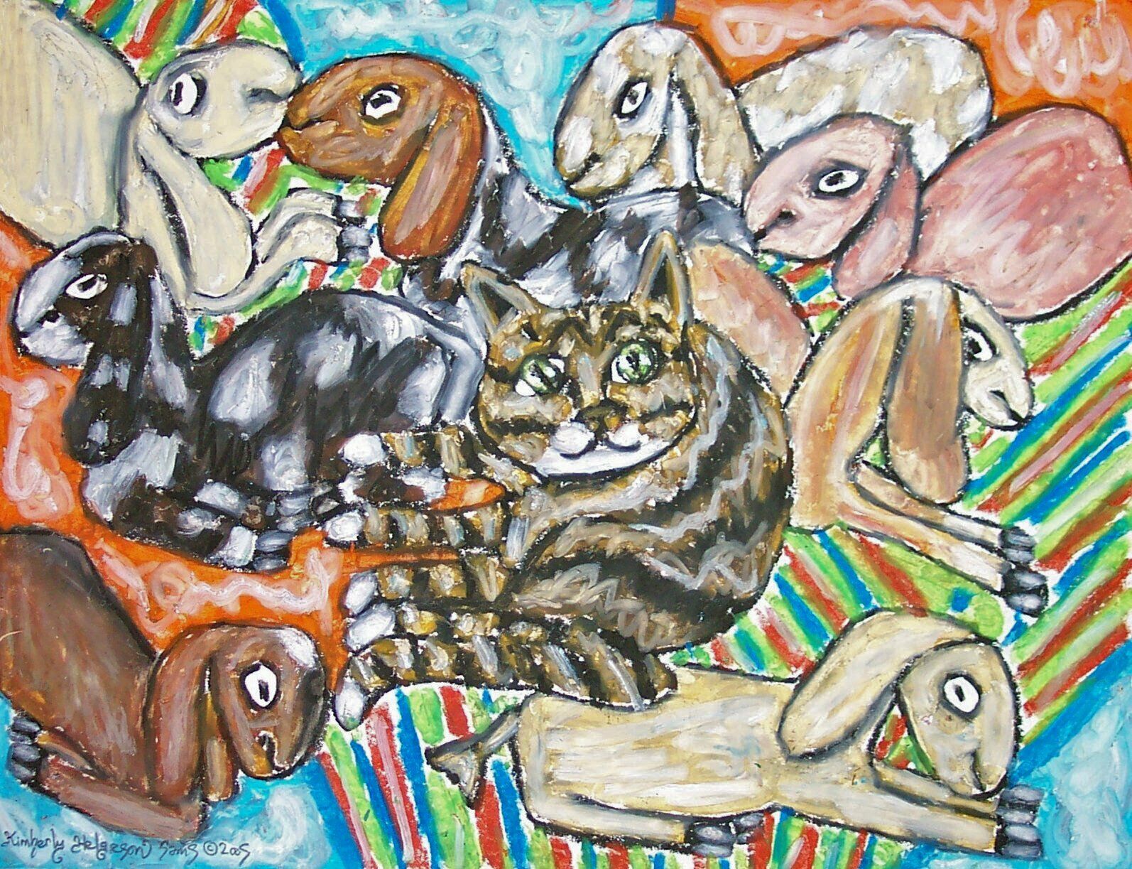 Nubian Babysitter Cat Goat Pop Folk Art Print 8x10 Farm Countryside Collectible