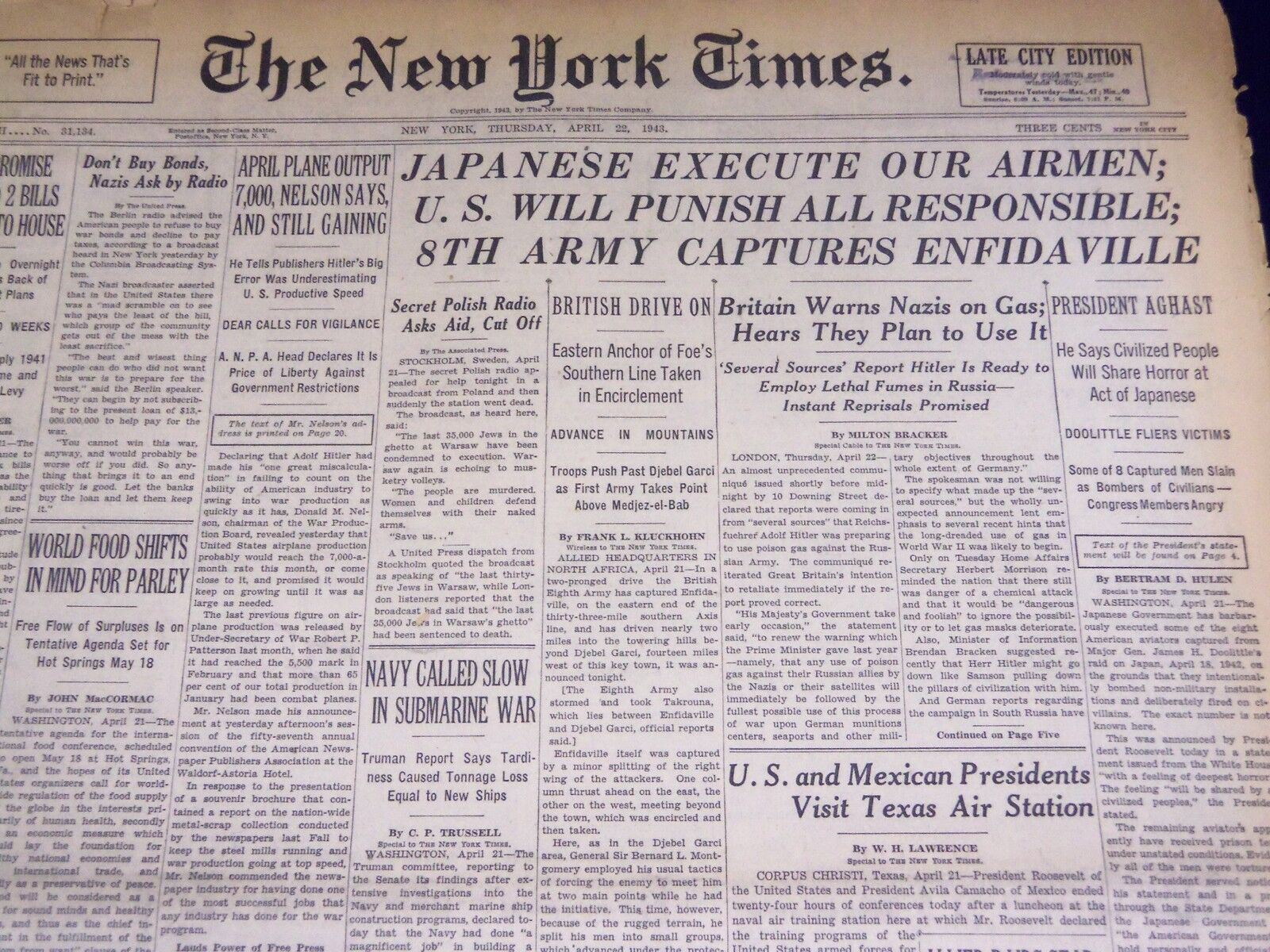 1943 APRIL 22 NEW YORK TIMES - JAPANESE EXECUTE OUR AIRMEN - NT 1912