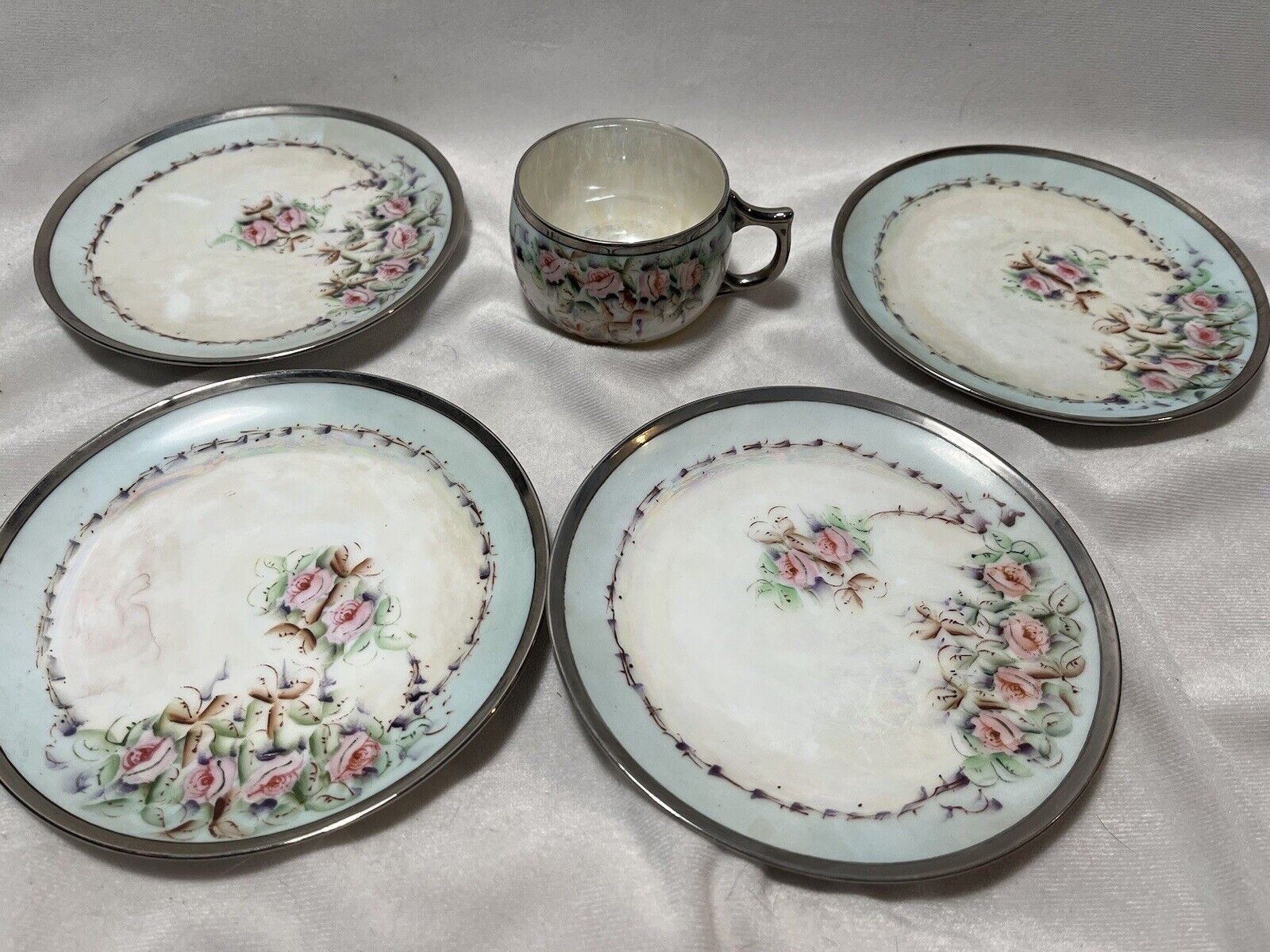 Antique Hand Painted Teacup & Saucers (5pc) Light Blue & Floral From Japan