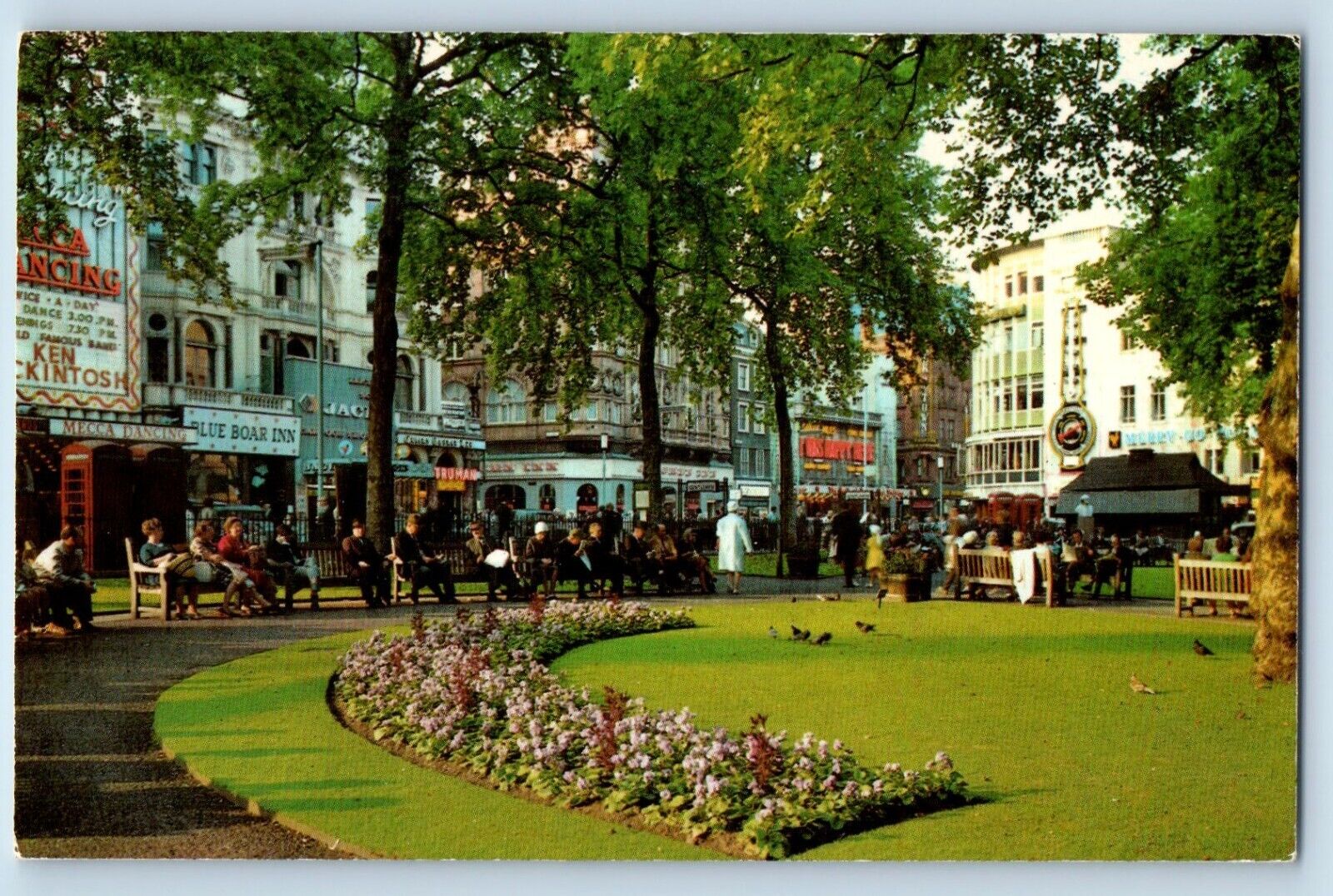 Leicester Square London Postcard Scenic View Park Flowers Bench c1960 Vintage