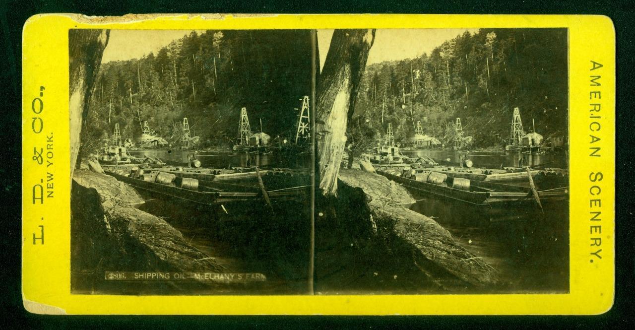 b150, L.D. & Co Stereoview, #2806, Shipping Oil - McElhany's Farm, PA., 1870s