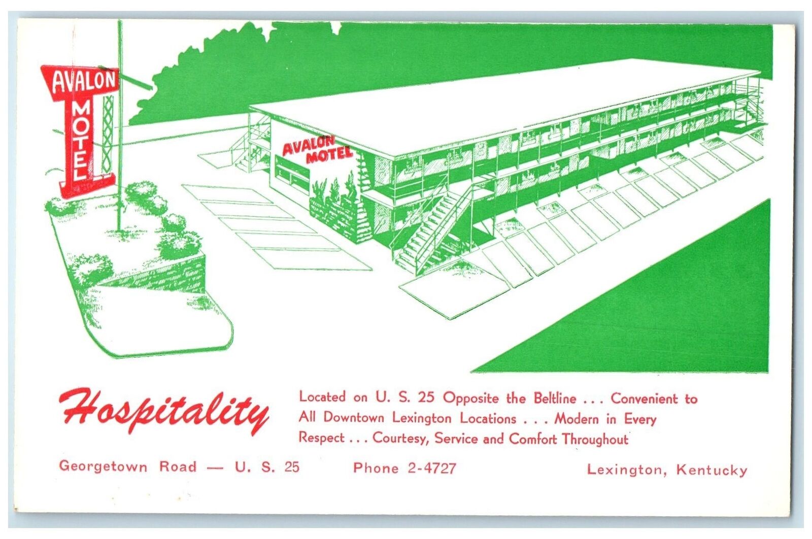 c1960s Bird\'s Eye View Of Avalon Motel Lexington Kentucky KY Green Tint Postcard