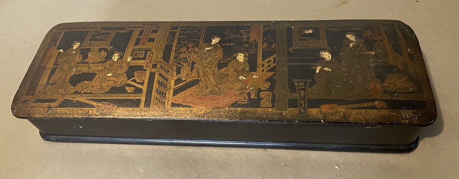 Antique Oriental Decorated Papier Mache Glove or Keepsake Vanity Box