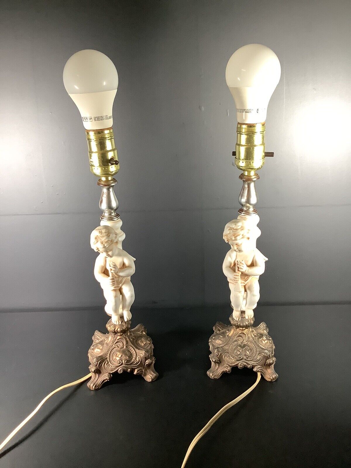 Vintage MCM Brass & Porcelain Bisque Pair Of Cherub Lamps B.M. 313 Works 13” T