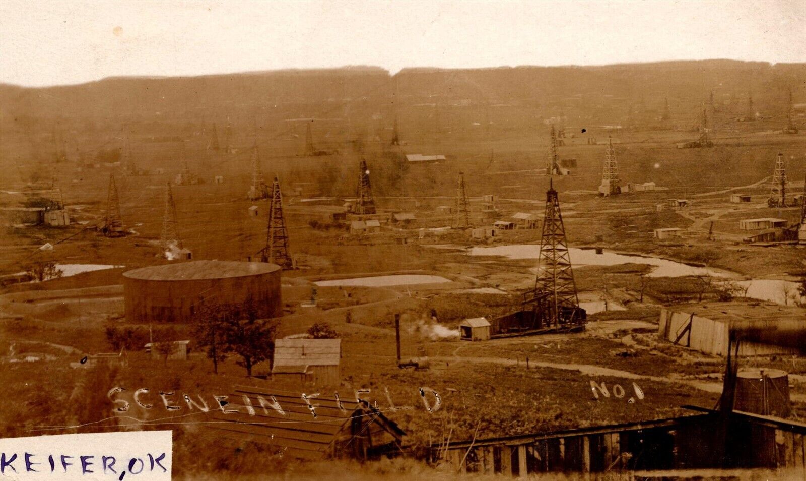 RPPC Keifer OK Scene in Field No. 1 Oil Well Derricks Pumps Tanks Postcard 1900s