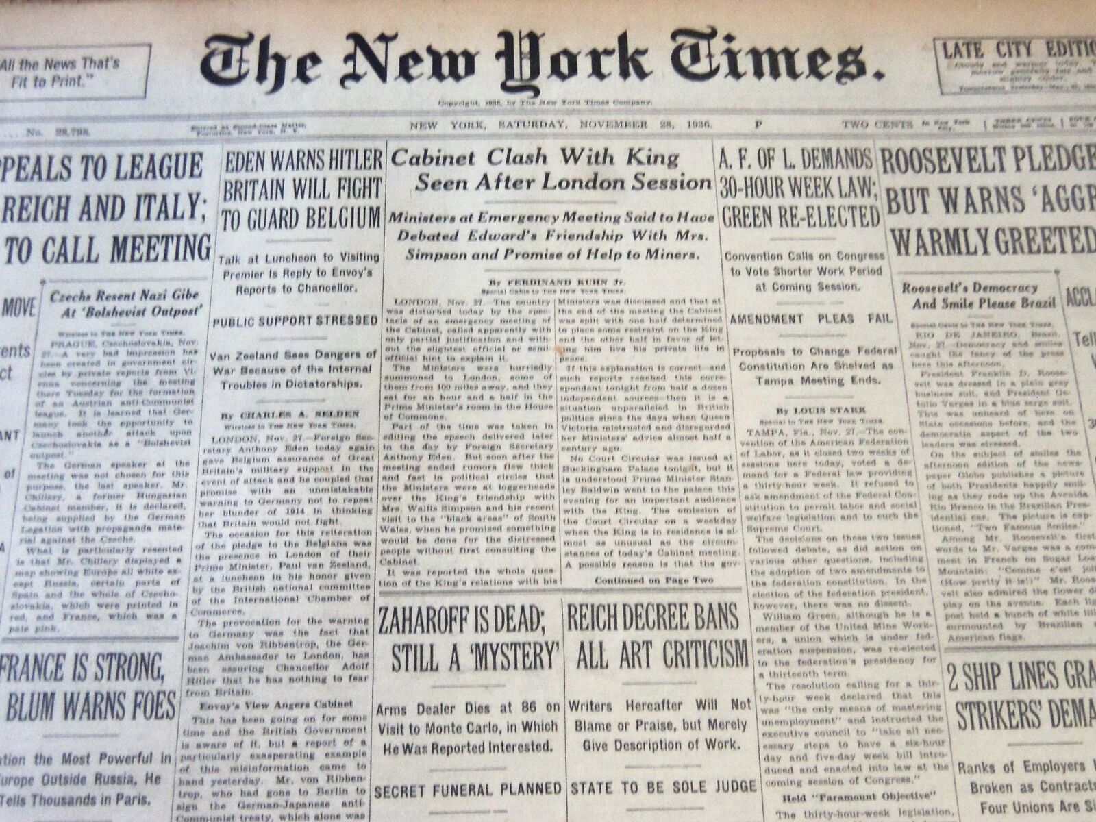 1936 NOV 28 NEW YORK TIMES - CABINET CLASH KING AFTER LONDON SESSION - NT 6706