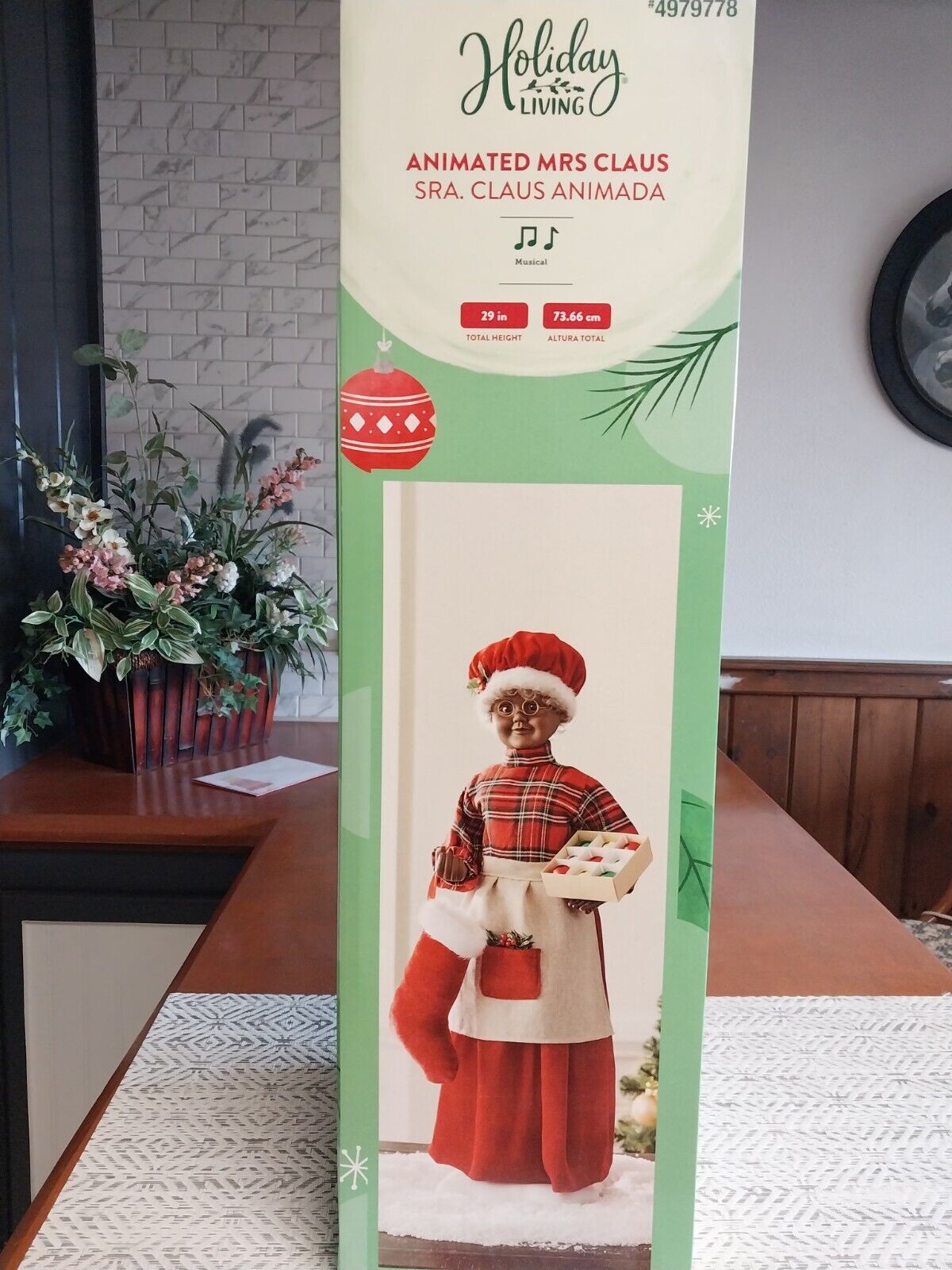 Holiday Living Animated African American Mrs Claus holding ornaments 29 In Nib