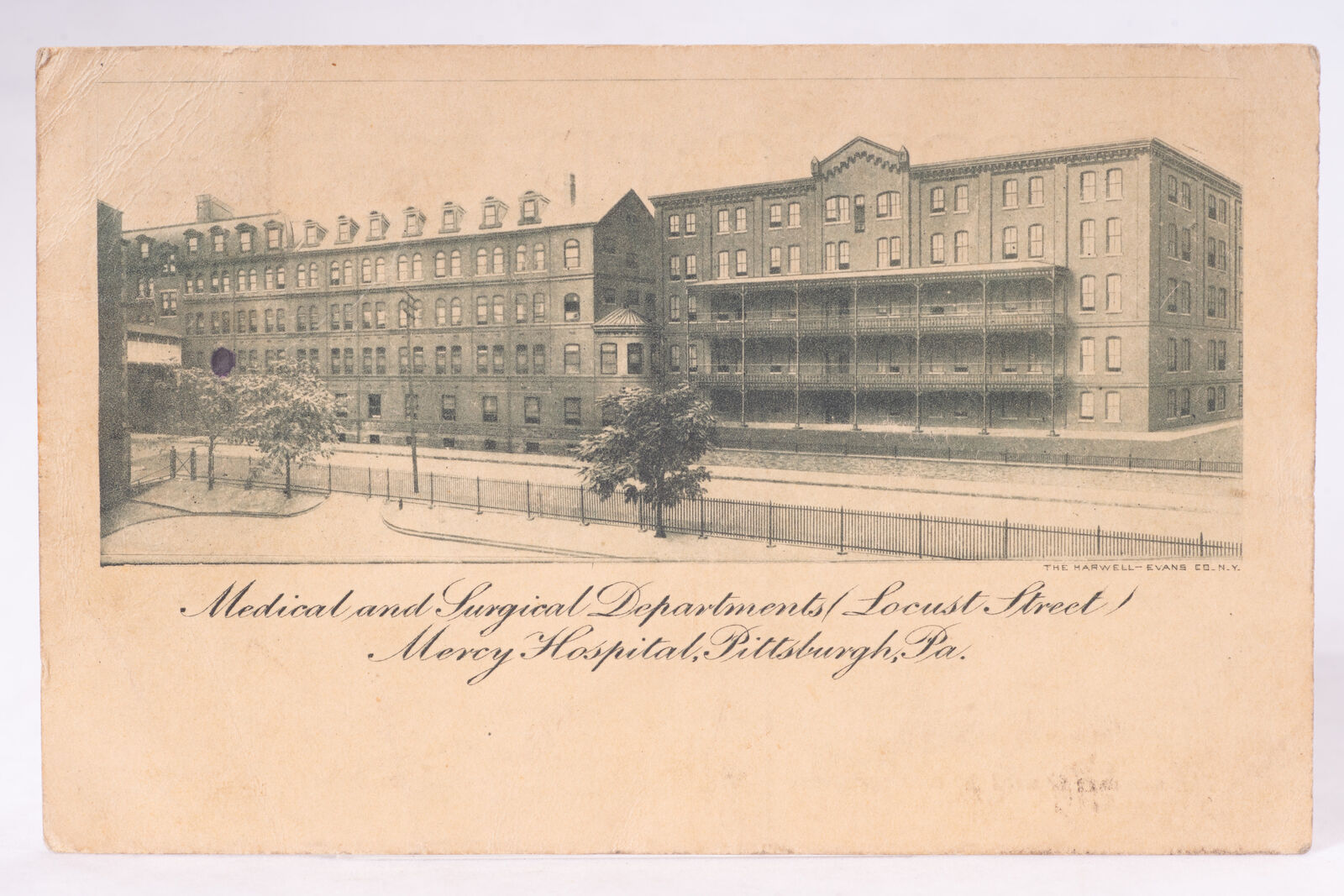 1909 Mercy Hospital Pittsburgh PA RPO Postal Cancel Harwell Evans Postcard