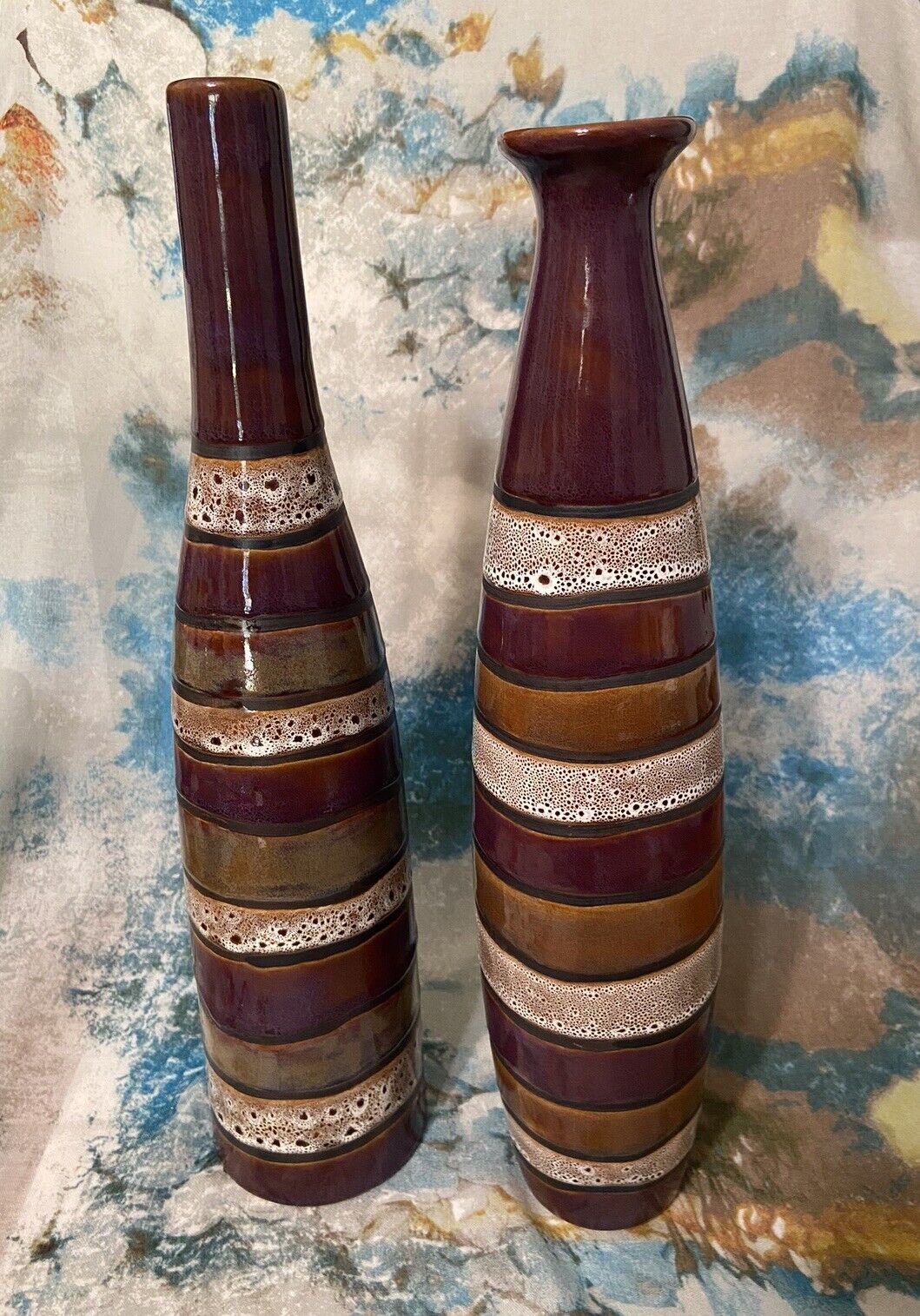Vintage 1970's Earth Tone Ceramic 16” & 15.5” Tall Decorative Vases