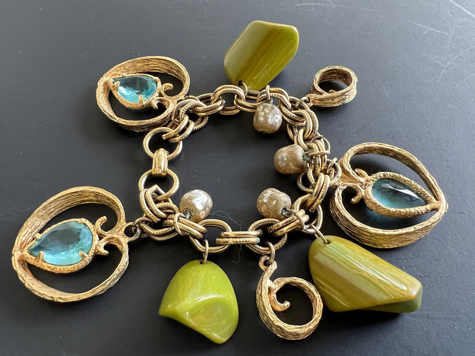 85g Antique Deco Chunky Bakelite Beads~Cage Aqua Glass Drop Heart Charm Bracelet