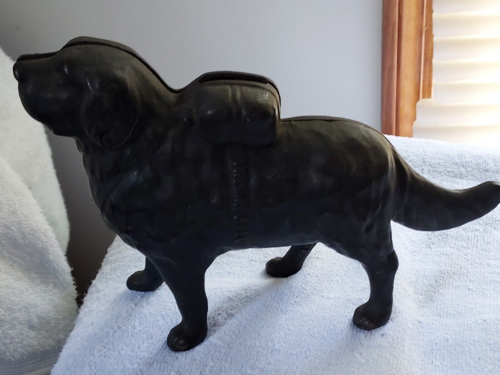I Hear A Call Cast Iron Penny Bank St Bernard Dog Antique Dated 1900 AC Williams