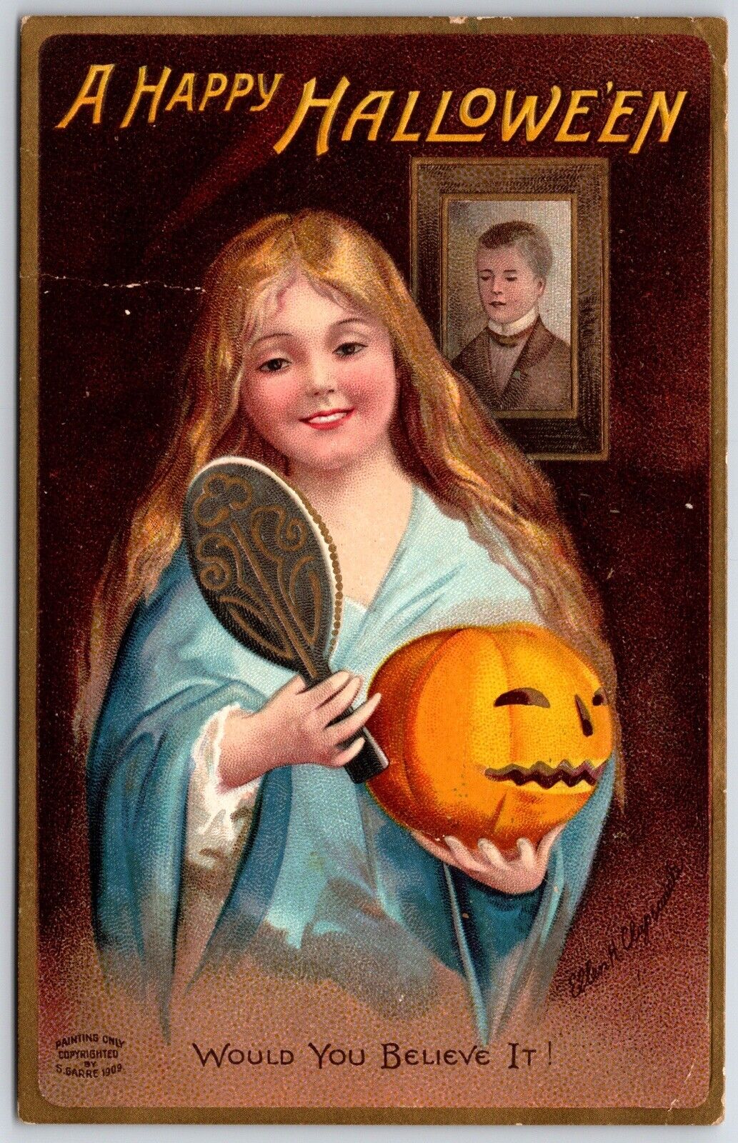 Happy Halloween Postcard 1909 Girl Lady Mirror JOL Artist Ellen Clapsaddle
