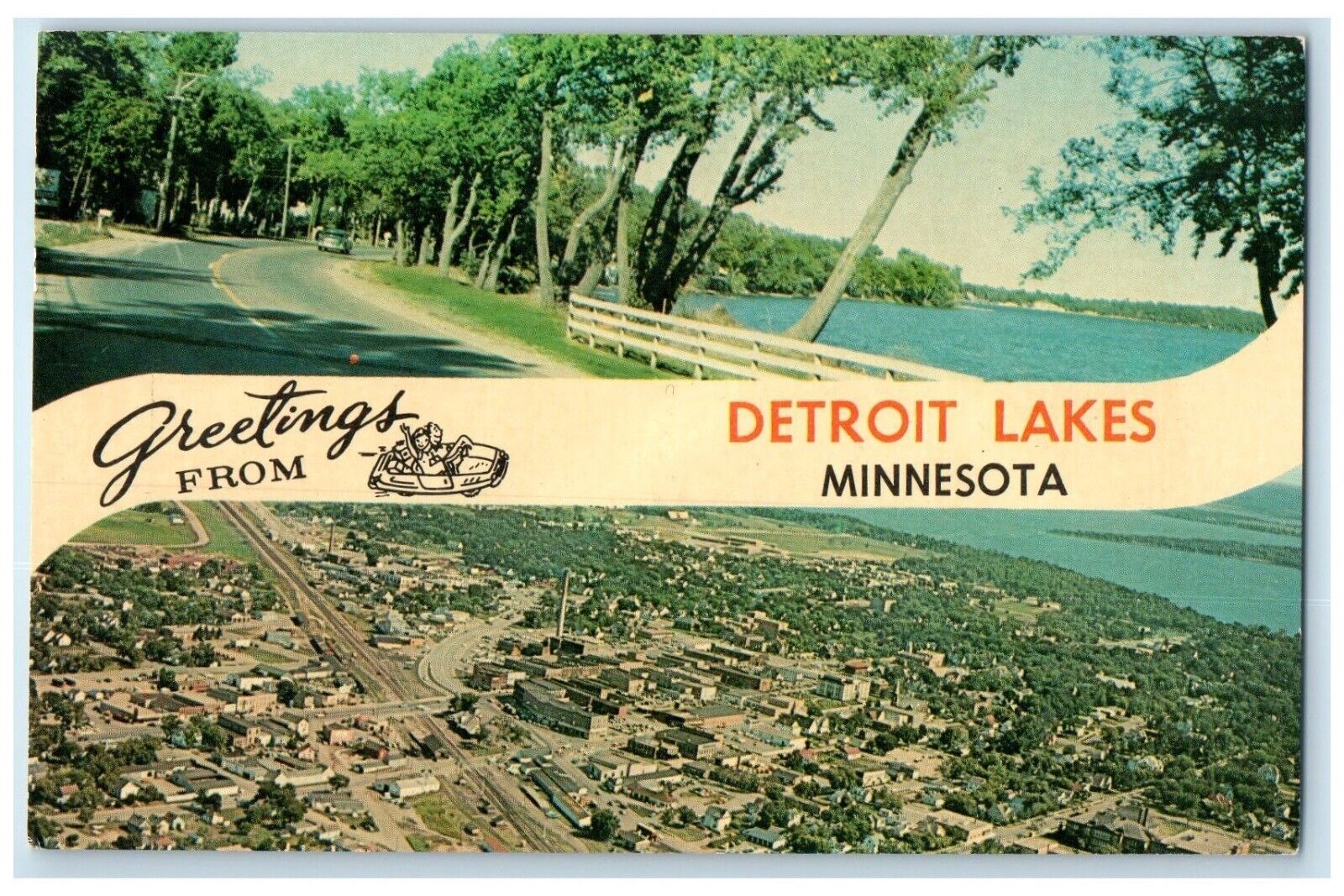 1965 Greetings Aerial View Beautiful Banner Detroit Lakes Minnesota MN Postcard