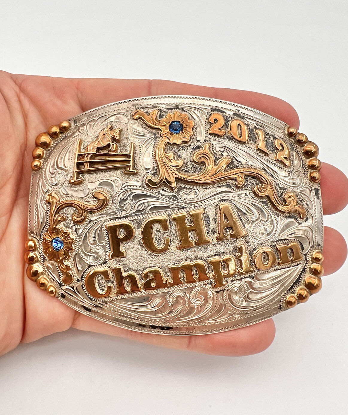 Kathy\'s Sterling Silver 2012 PCHA CHAMPION Horse Jumping Trophy Belt Buckle 3.5\
