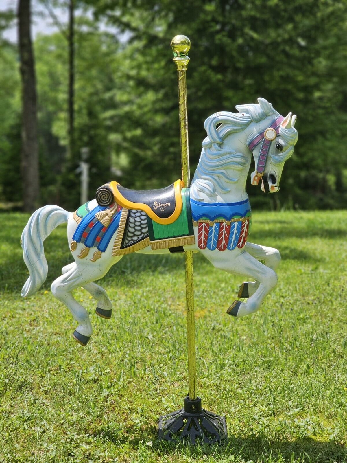 Child sized Carousel Horse Carved Wood Vibrant Paint w/Stand and Pole