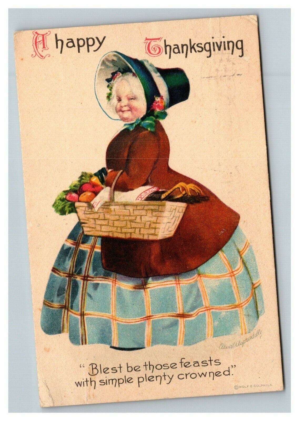 Vintage 1916 Ellen Clapsaddle Wolf Thanksgiving Postcard Grandmother Food Basket