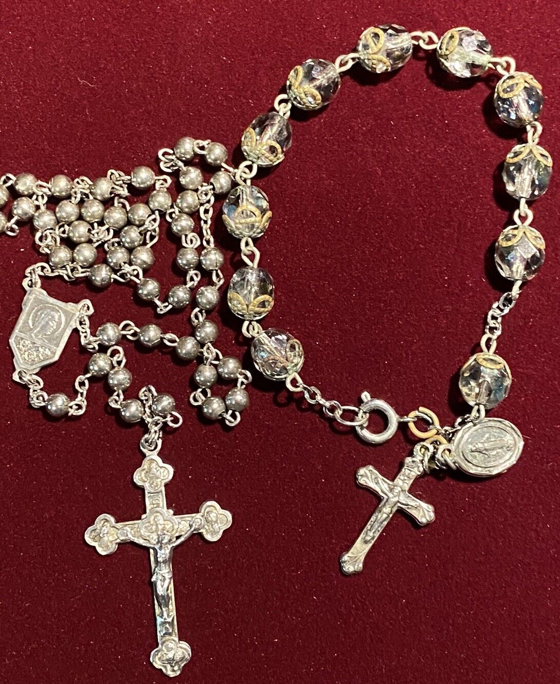 Antique Sterling Silver Smooth Bead Rosary w/ Cross Crucifix + Faceted Bracelet