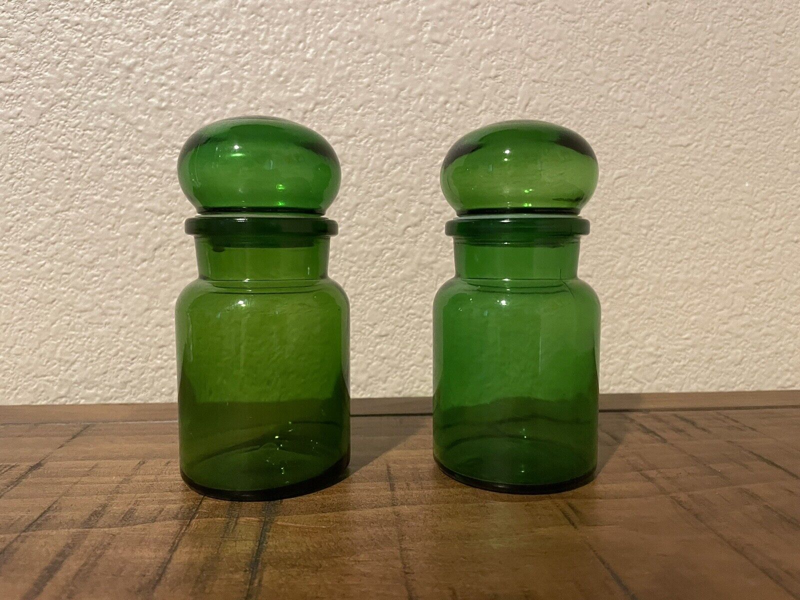 2 Vintage Belgium Green Glass Bubble Lid Apothecary Jars 1960’s