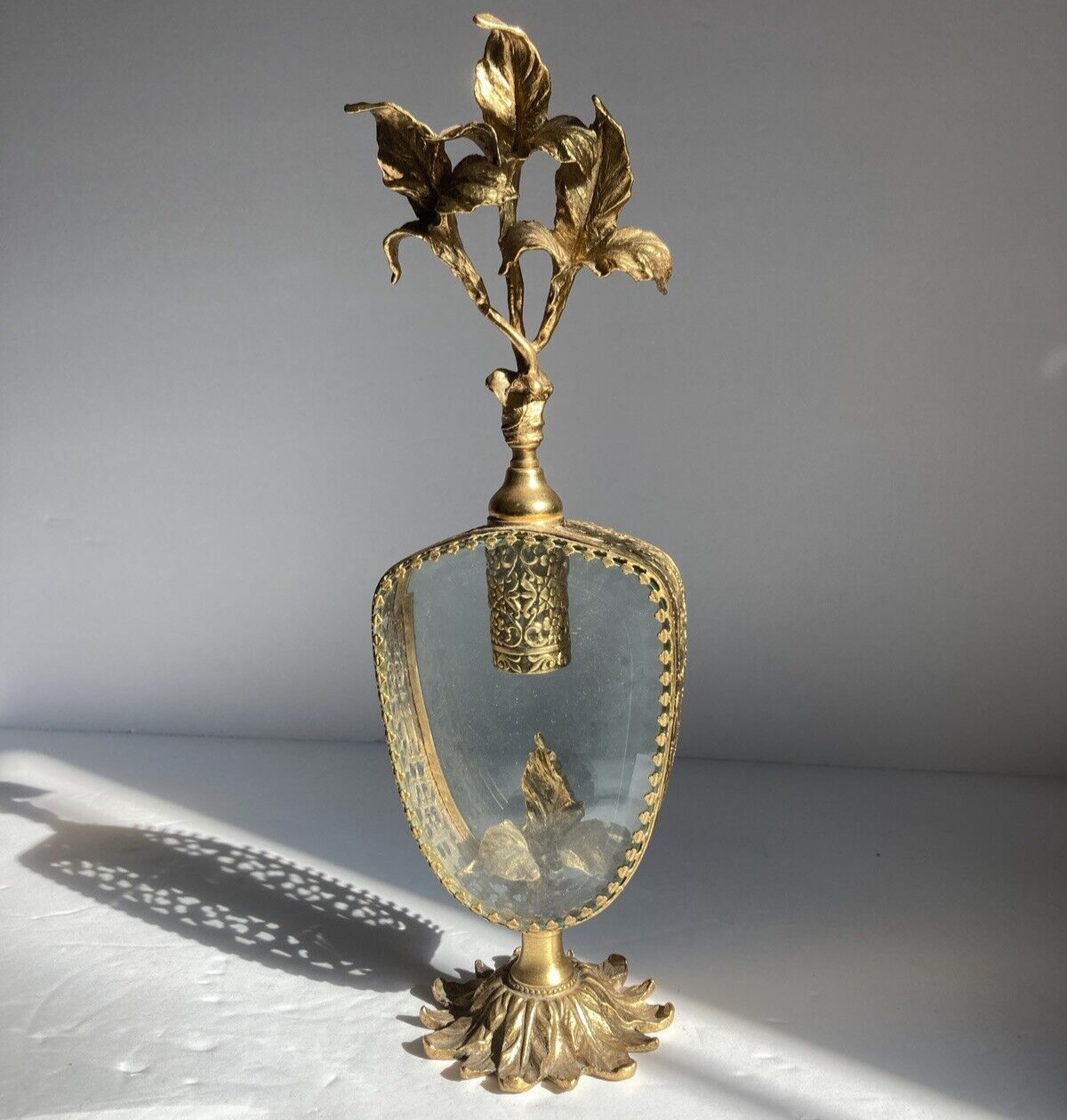 Vintage Ormolu Beveled Glass Perfume Bottle W Dauber Gold plated
