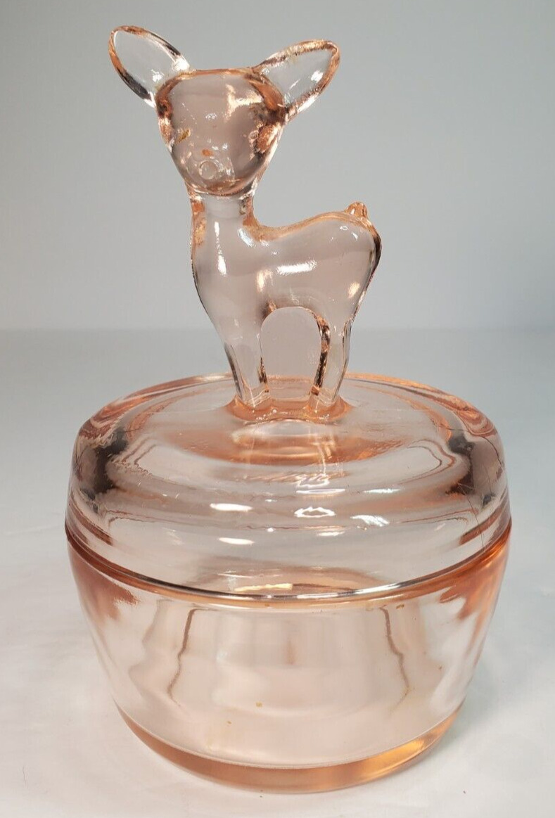 Jeanette Pink Depression Glass Fawn Deer Trinket Or Candy Dish w Lid Jar Vintage