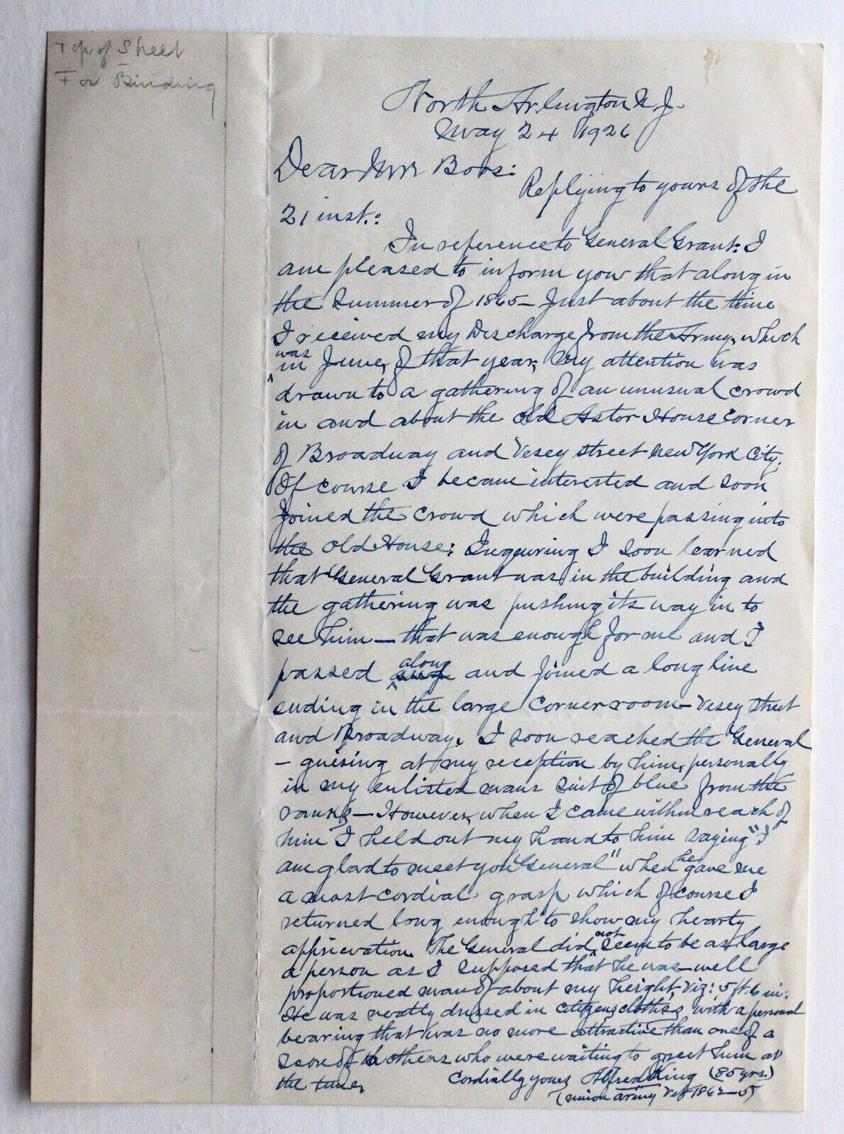 1926 Letter from Civil War Veteran to John Boos re Meeting Gen. Grant in NYC
