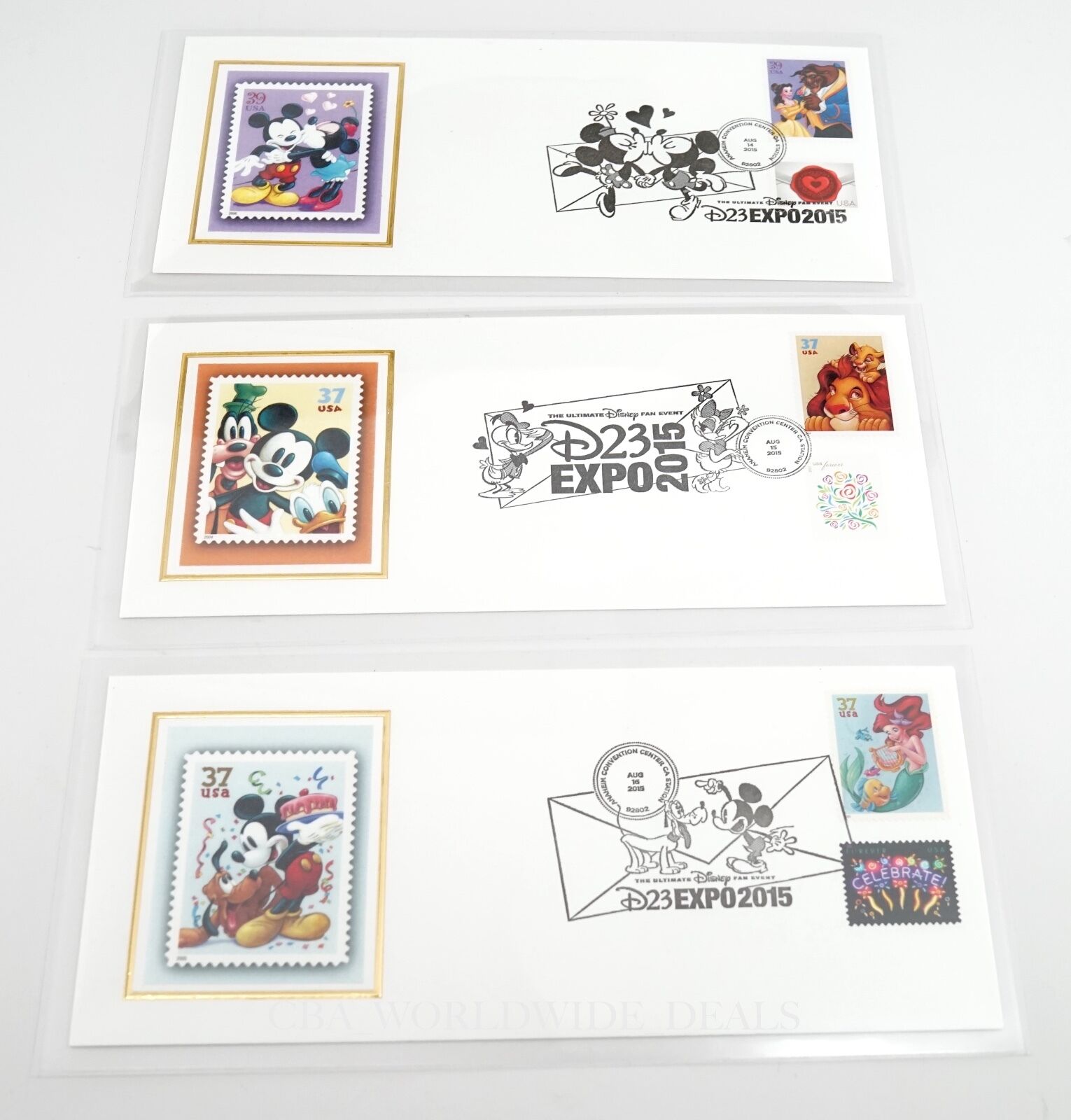NEW D23 DISNEY 2015 EXPO EXCLUSIVE ENVELOPE W/ CANCELATION STAMPS- 3 DESIGNS HTF