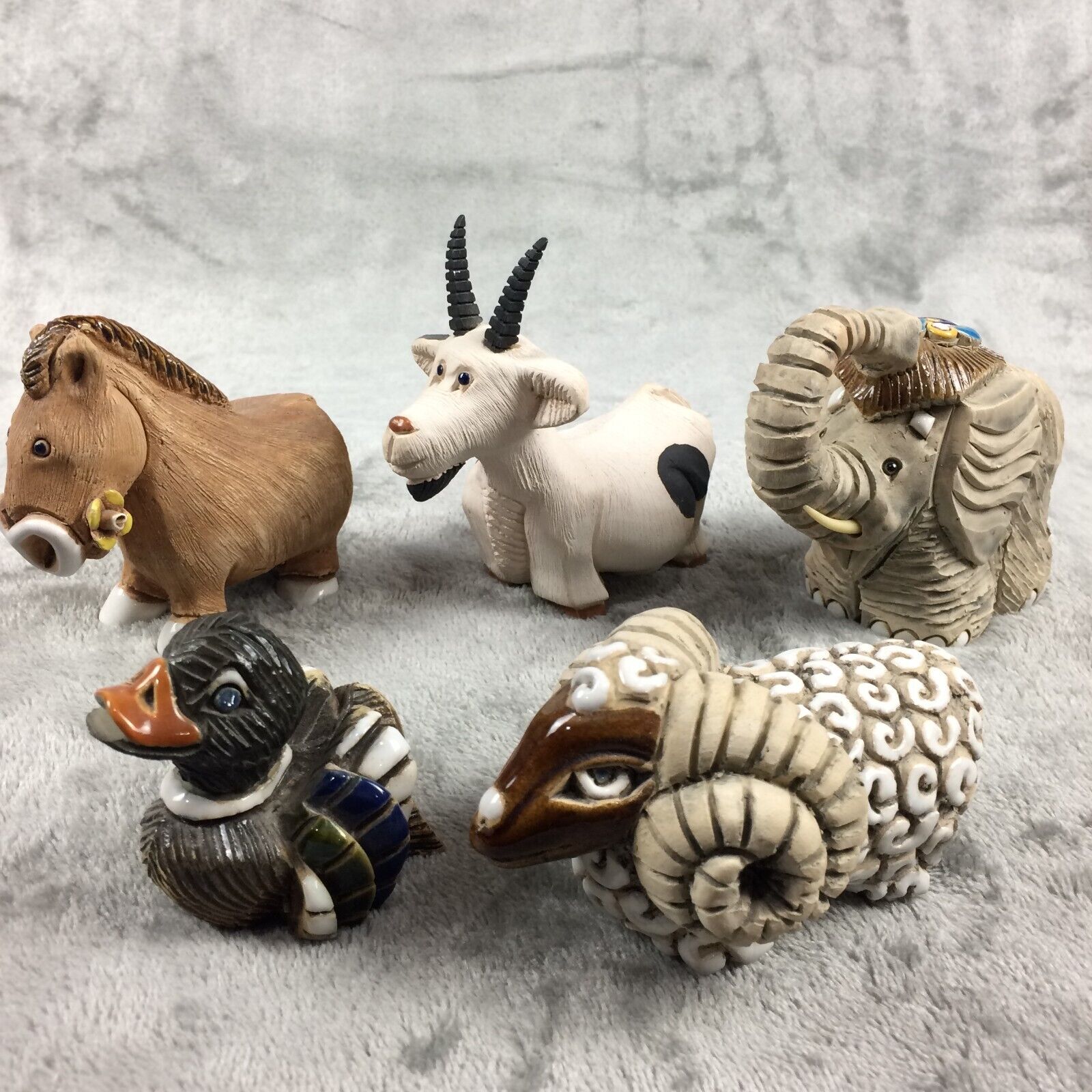Artesania Rinconada Clay Figurines Goat Horse Elephant Sheep Duck Lot of 5