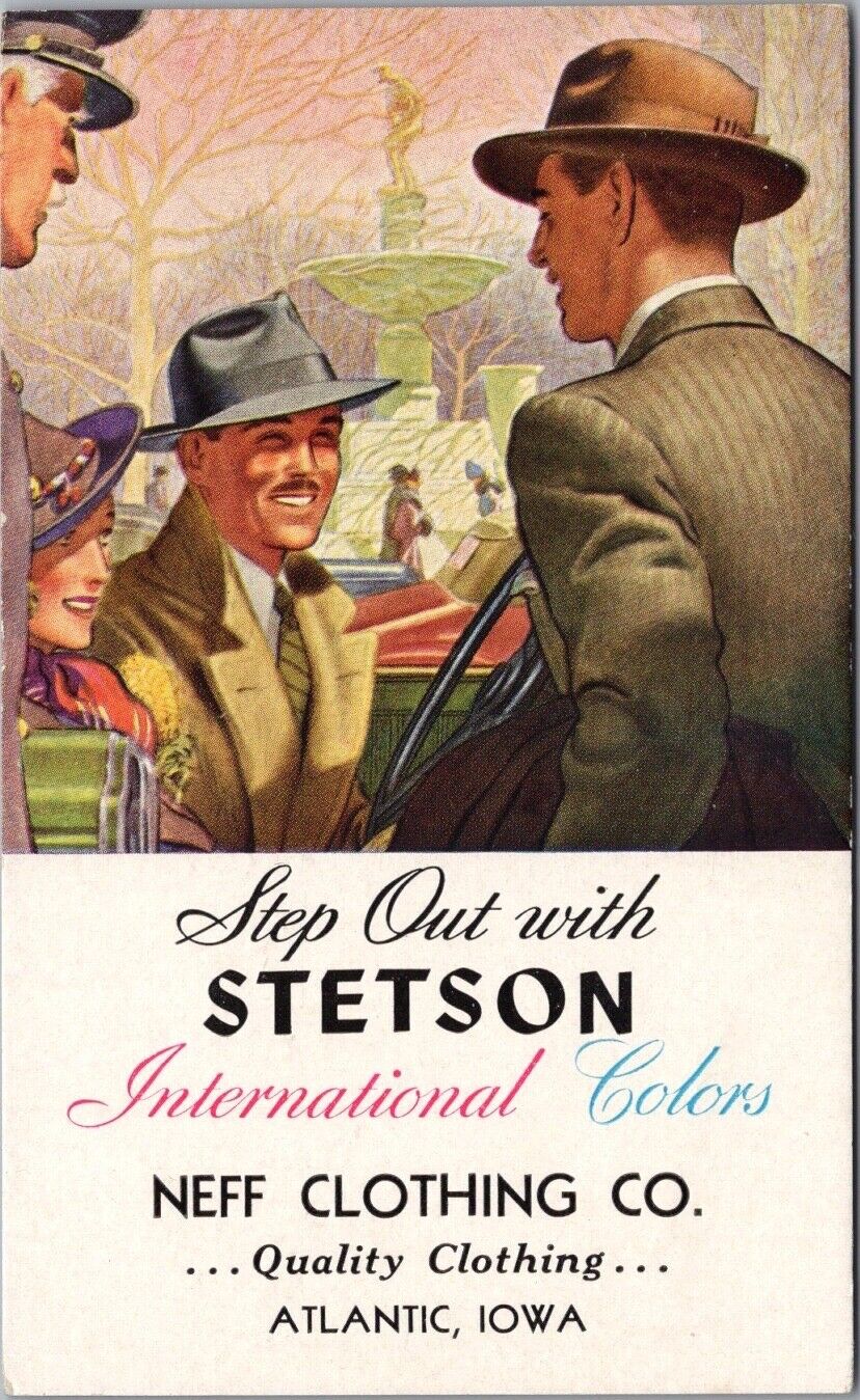 c1940s STETSON HATS Ink Blotter Card Postcard NEFF CLOTHING CO. Atlantic, Iowa