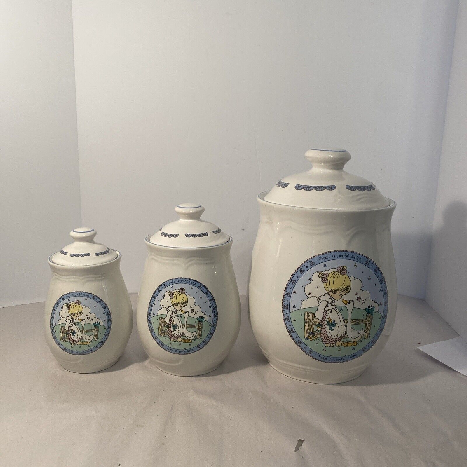 1992 Precious Moments “Make a Joyful Noise”  3 canister set - 6 Pieces Missing 1