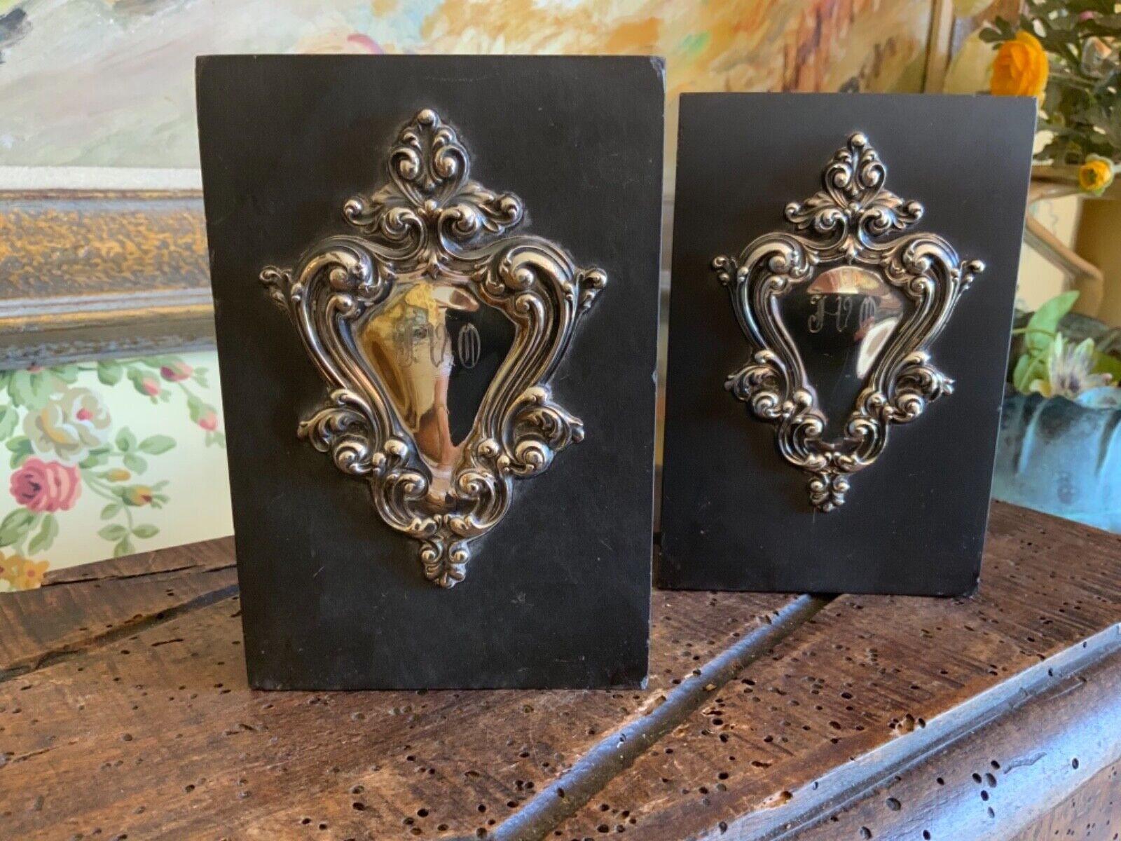 Lovely Pair Silver Initialed Bookends on Stone Slate Very Heavy 