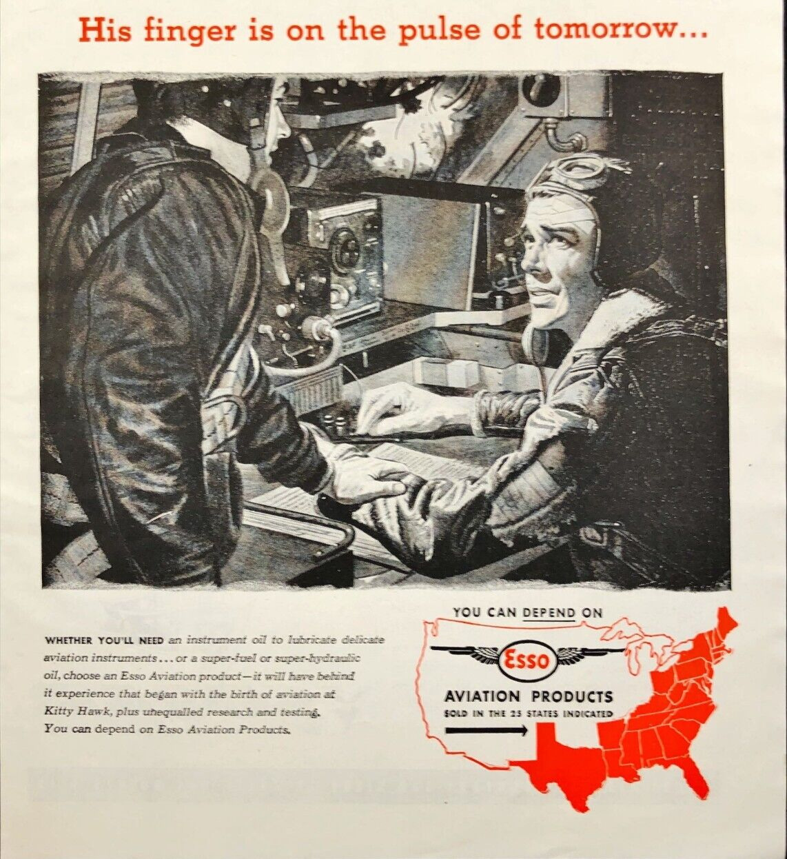1945 Esso Aviation Radio Operator Struggles to send SOS WWII Vintage Print Ad