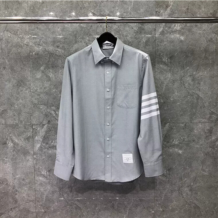 Man women gray Button Up Shirt Slim Fit Long Sleeve 4 bars Casual blue top