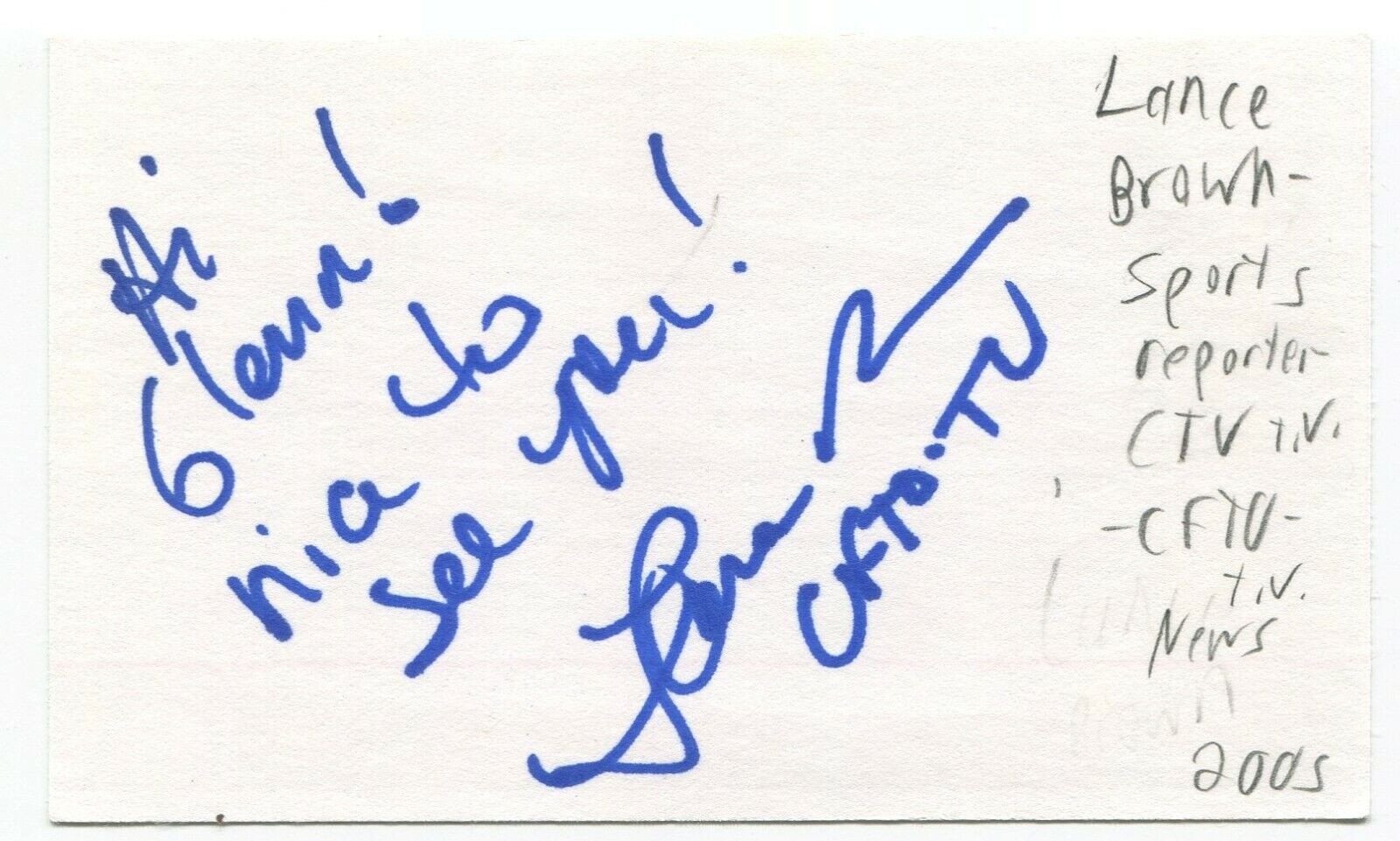 Lance Brown Signed 3x5 Index Card Autographed Signature Sports Reporter