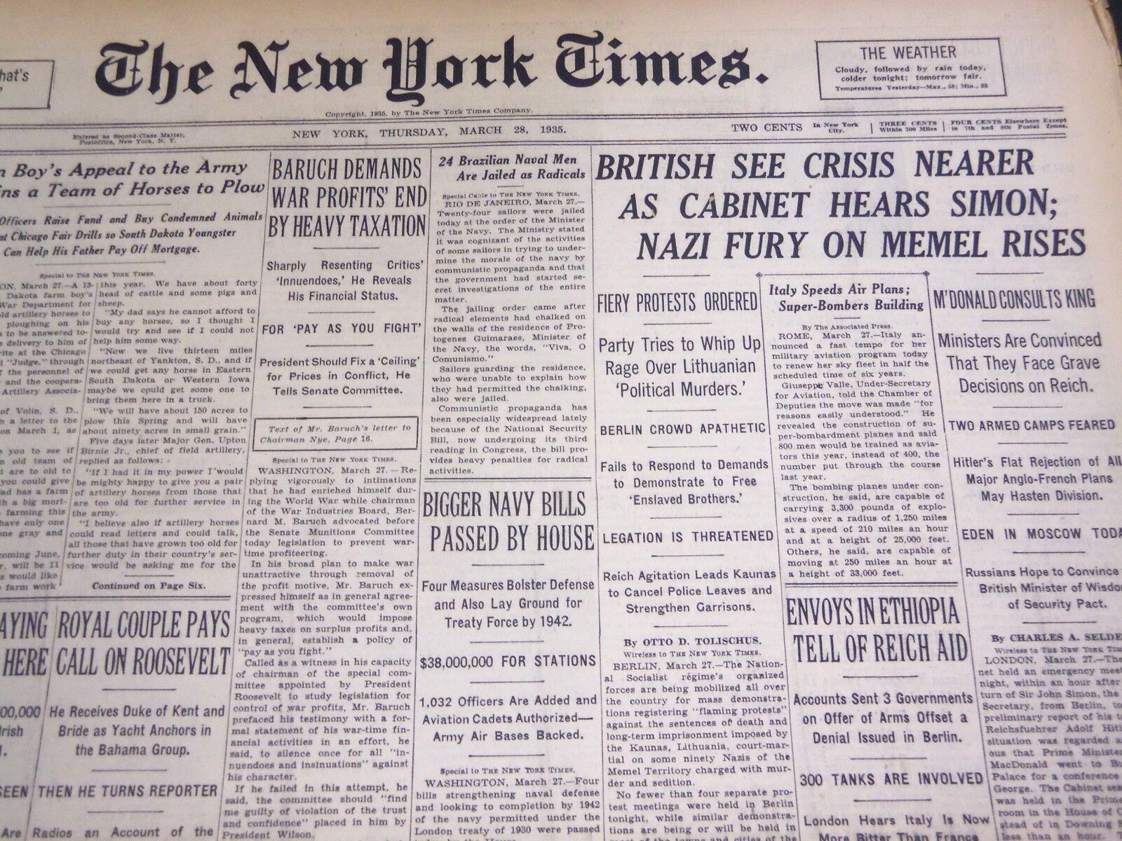 1935 MARCH 28 NEW YORK TIMES - NAZI FURY ON MEMEL RISES - NT 4918