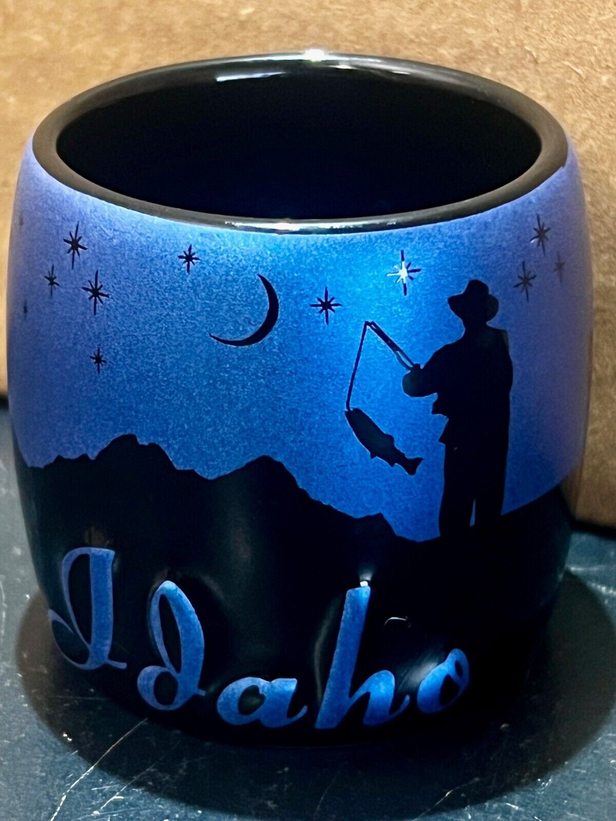 Idaho Americaware  Raised Black Ceramic Fishing Wildlife Night Sky Shot Glass