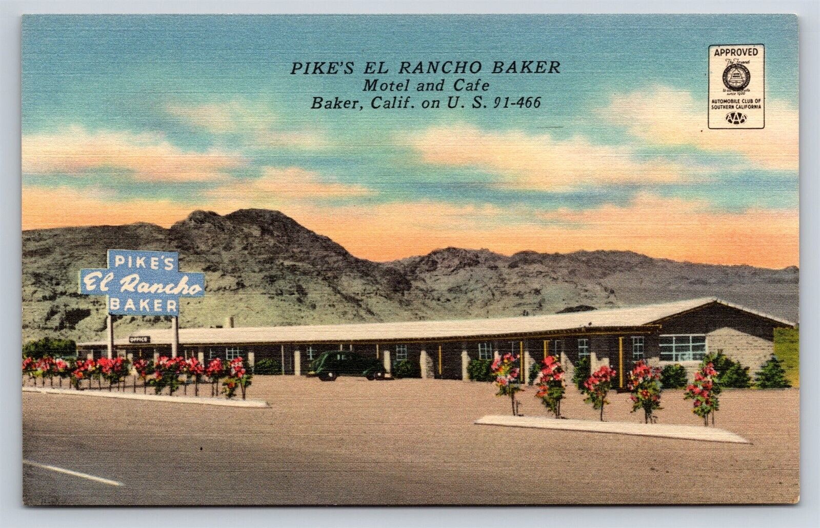 Postcard CA Baker California Pike\'s El Rancho Baker Motel & Cafe Restaurant AT3