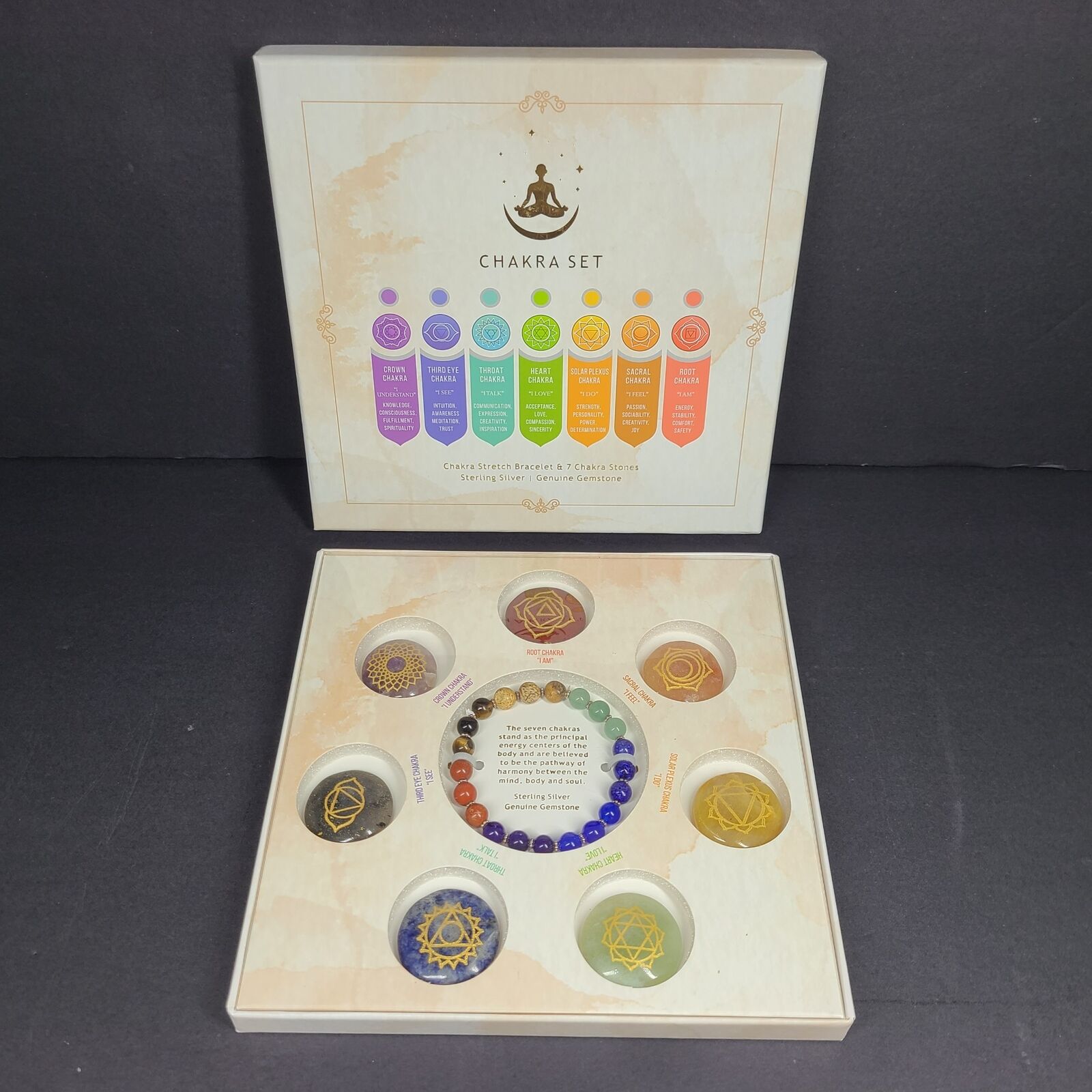 Chakra Stretch Bracelet & 7 Spiritual Energy Crystals Gift Box Set Silver